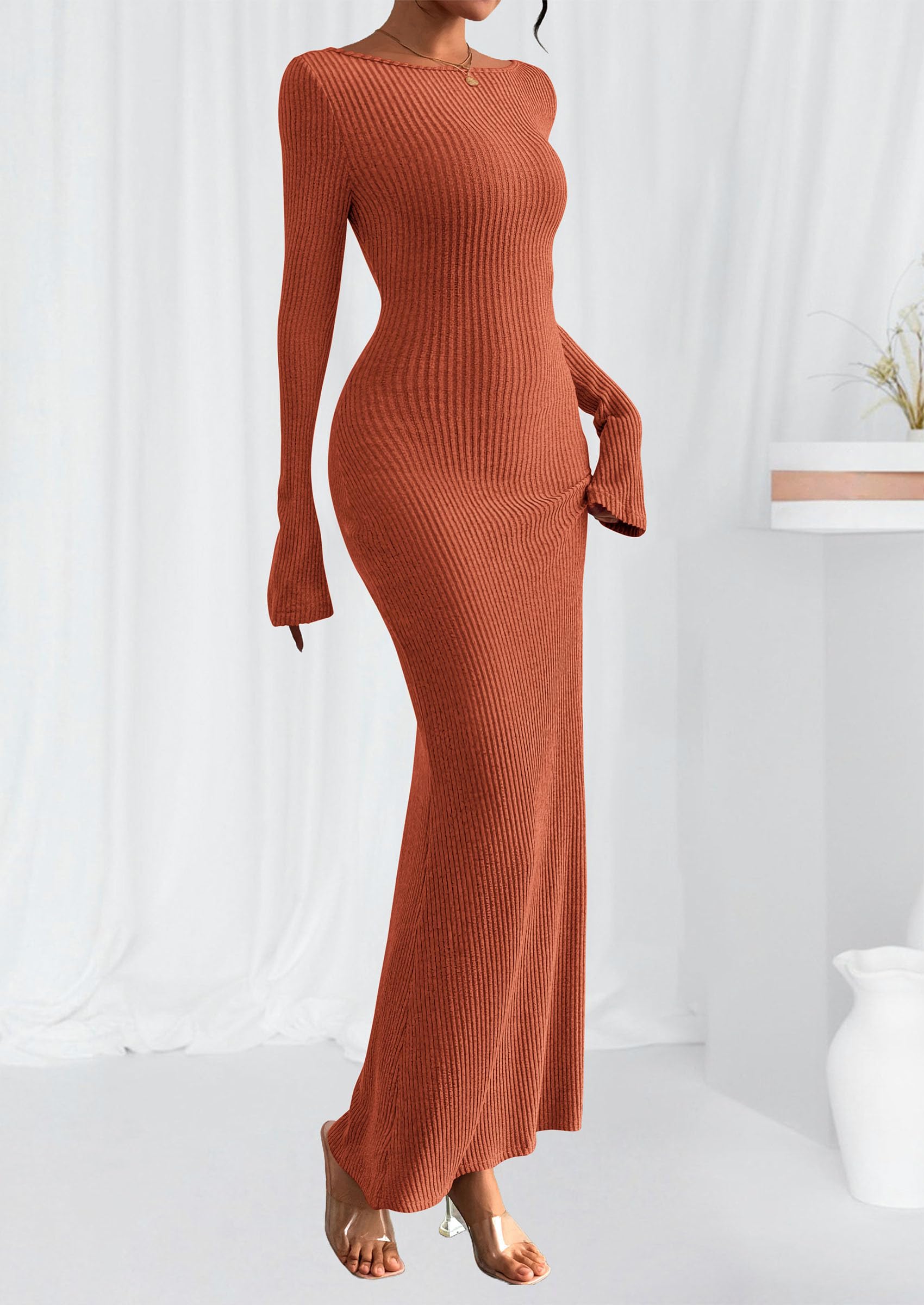 Women's Fall Long Sleeve Bodycon Maxi Dresses Burnt Orange,M