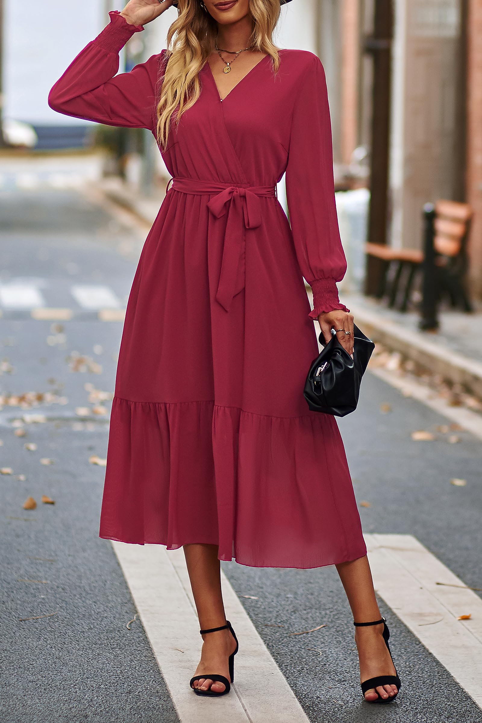 Women's Boho Long Sleeve Maxi Dress, Solid Wine Red,S