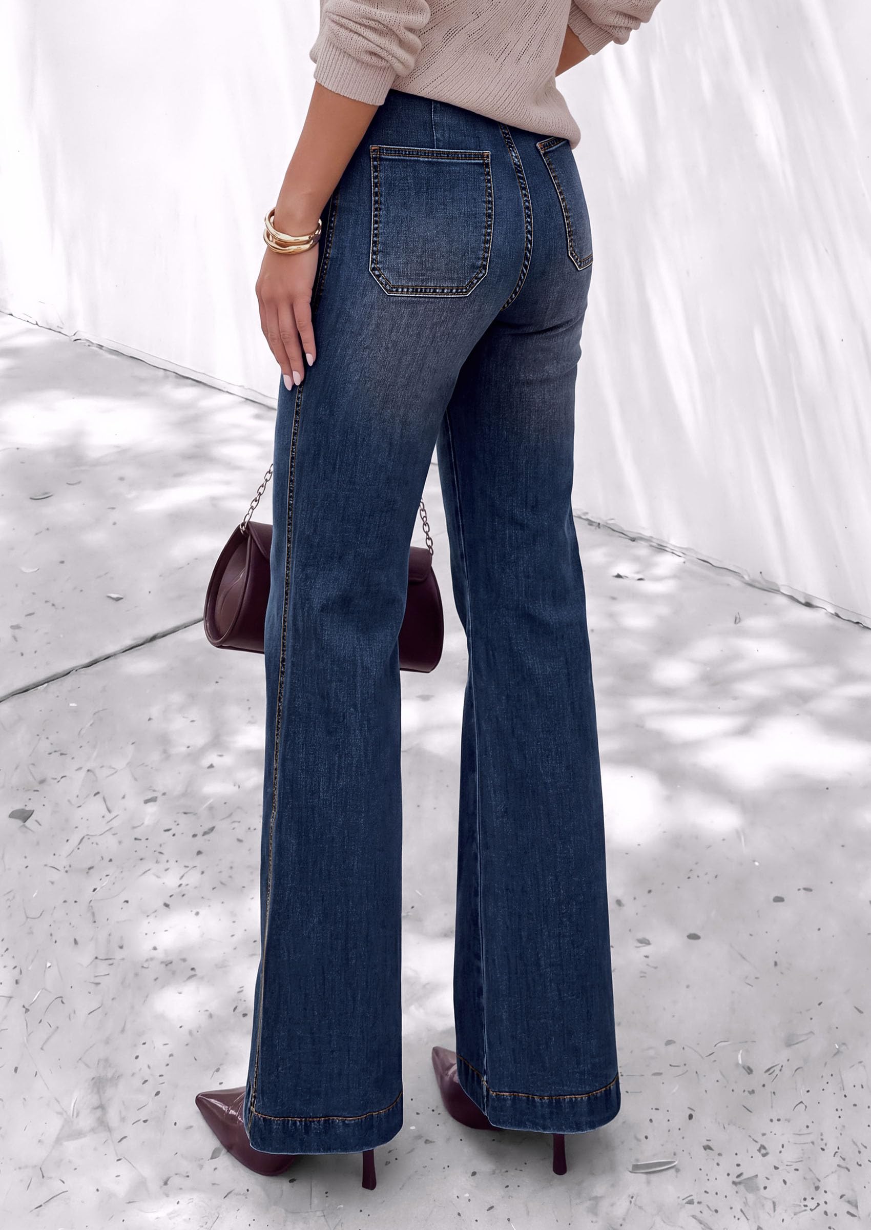 Womens High Waisted Wide Leg Jeans Demin Pants Dark Blue