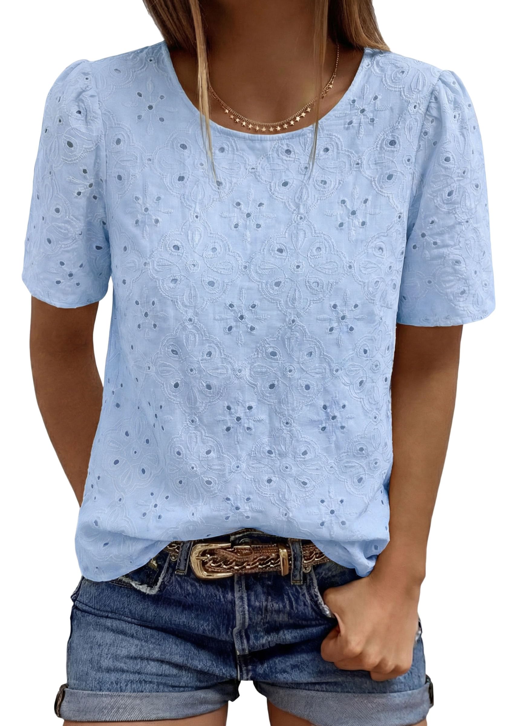 Women's Embroidered Eyelet Short Sleeve Blouse, Light Blue,L