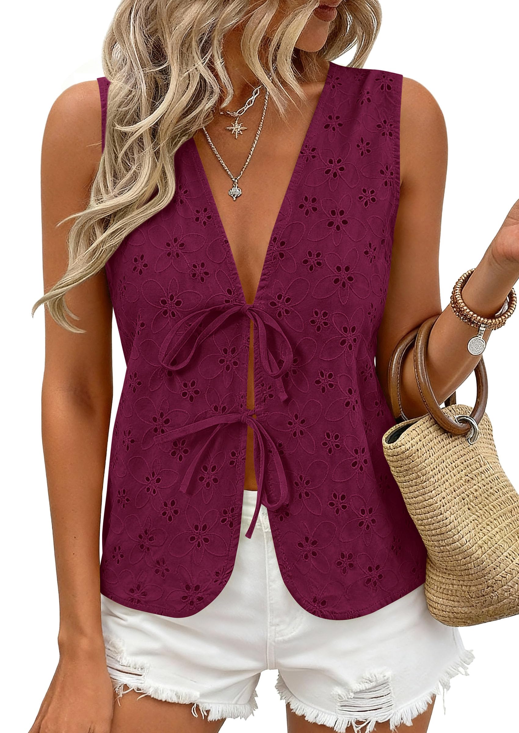 Women's Summer Eyelet Lace Tie Front Vest Tops (Burgundy,S)