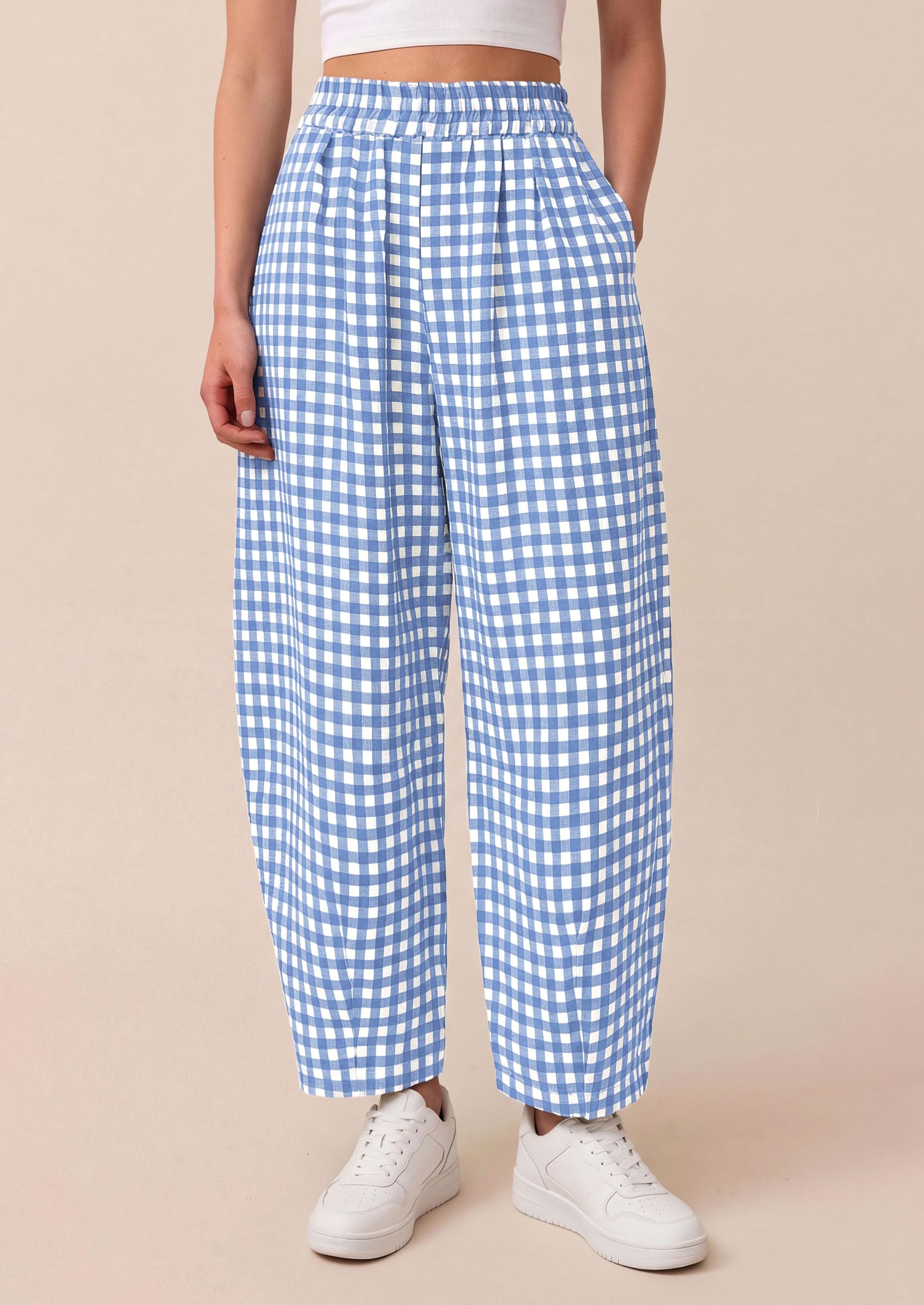 Plaid Barrel Pants Women Summer Bottoms, Light Blue Plaid,S