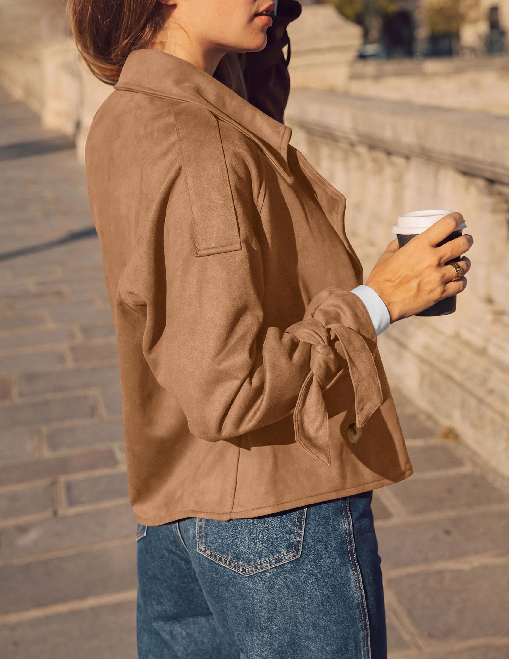 Women Faux Suede Double Breasted Trench Coat Cropped Jackets
