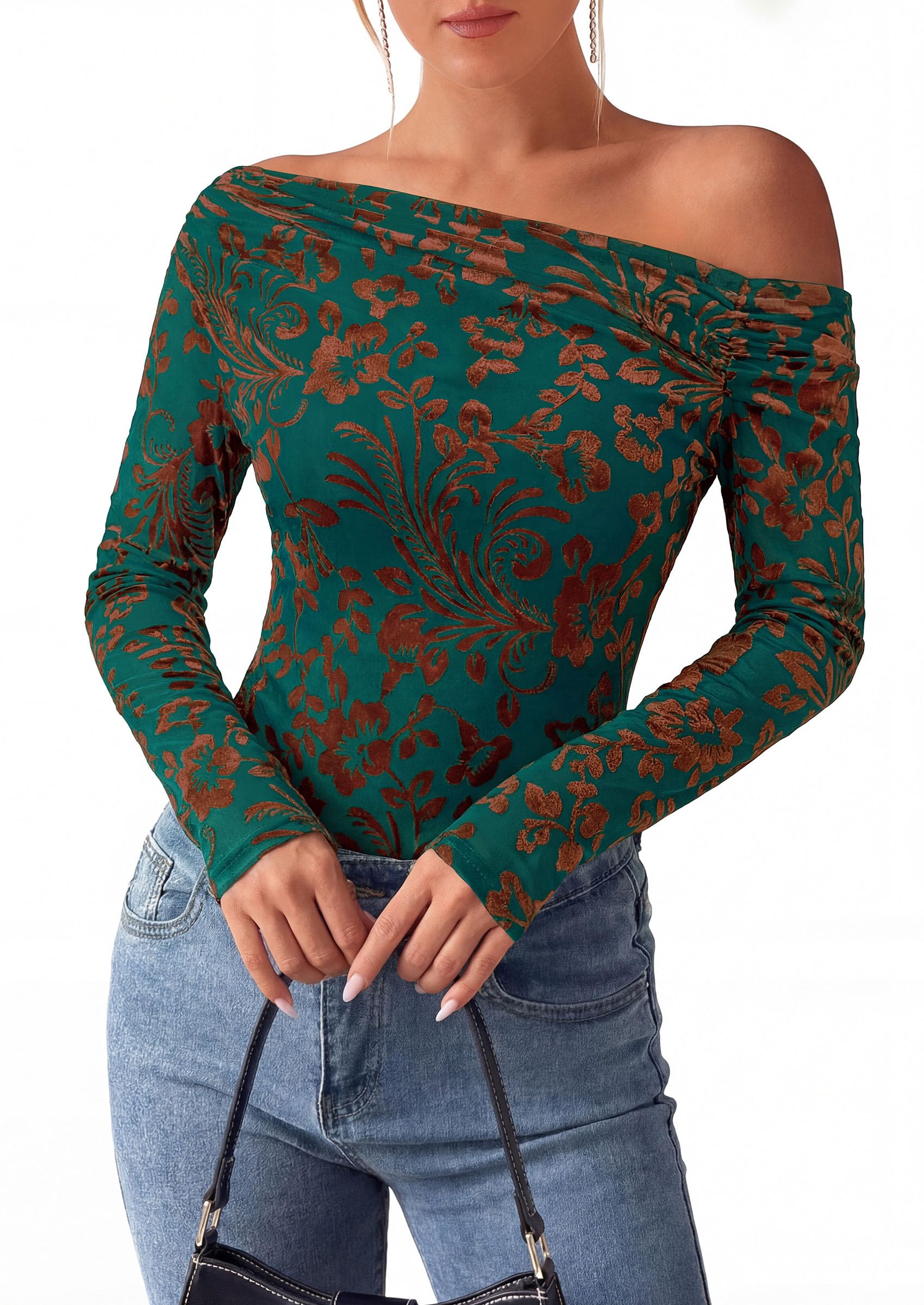 Off the Shoulder Tops for Women Fall Mesh Floral Blouses