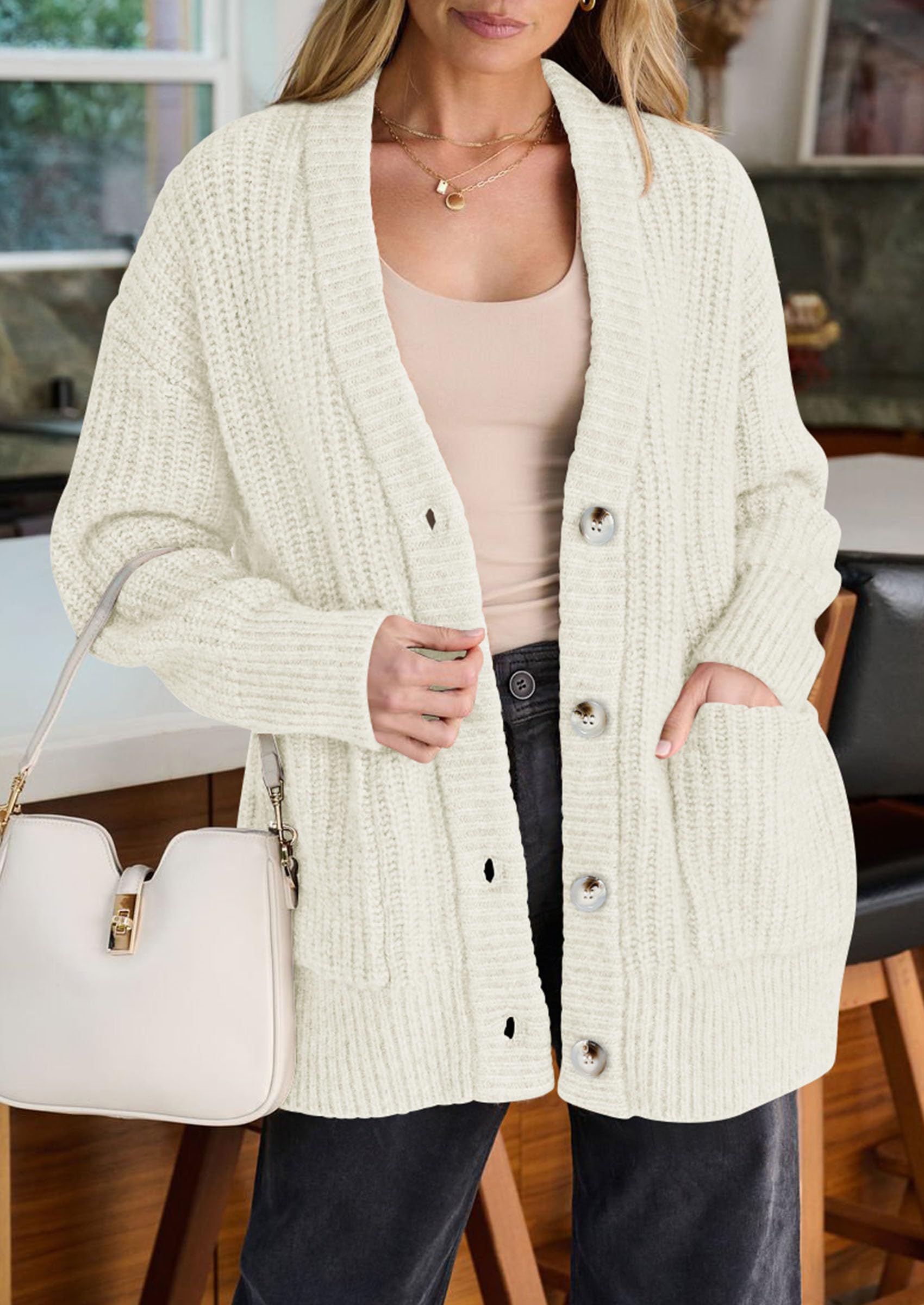 Oversized Cardigan Sweaters for Women Button Up,White,S