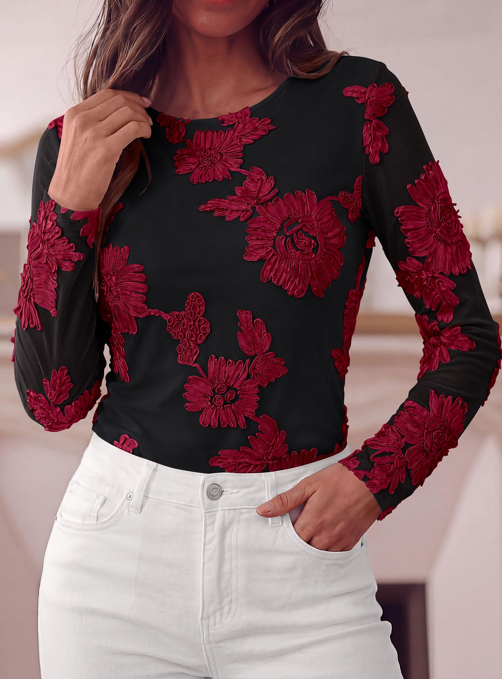 Women's Mesh Long Sleeve Embroidered Floral Tops Fall Blouses