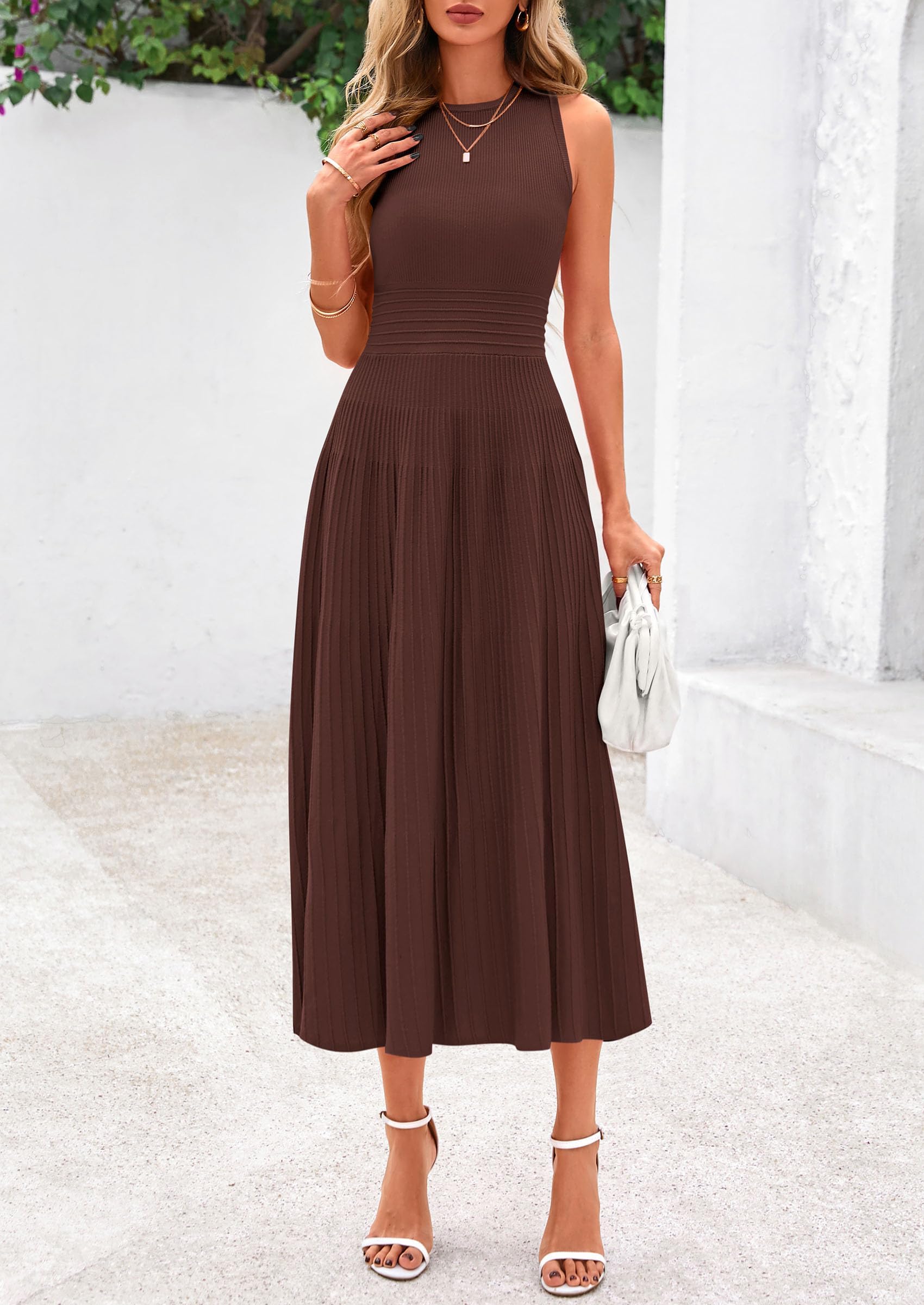 Women's Summer Pleated Midi Work Dress,Brown,S