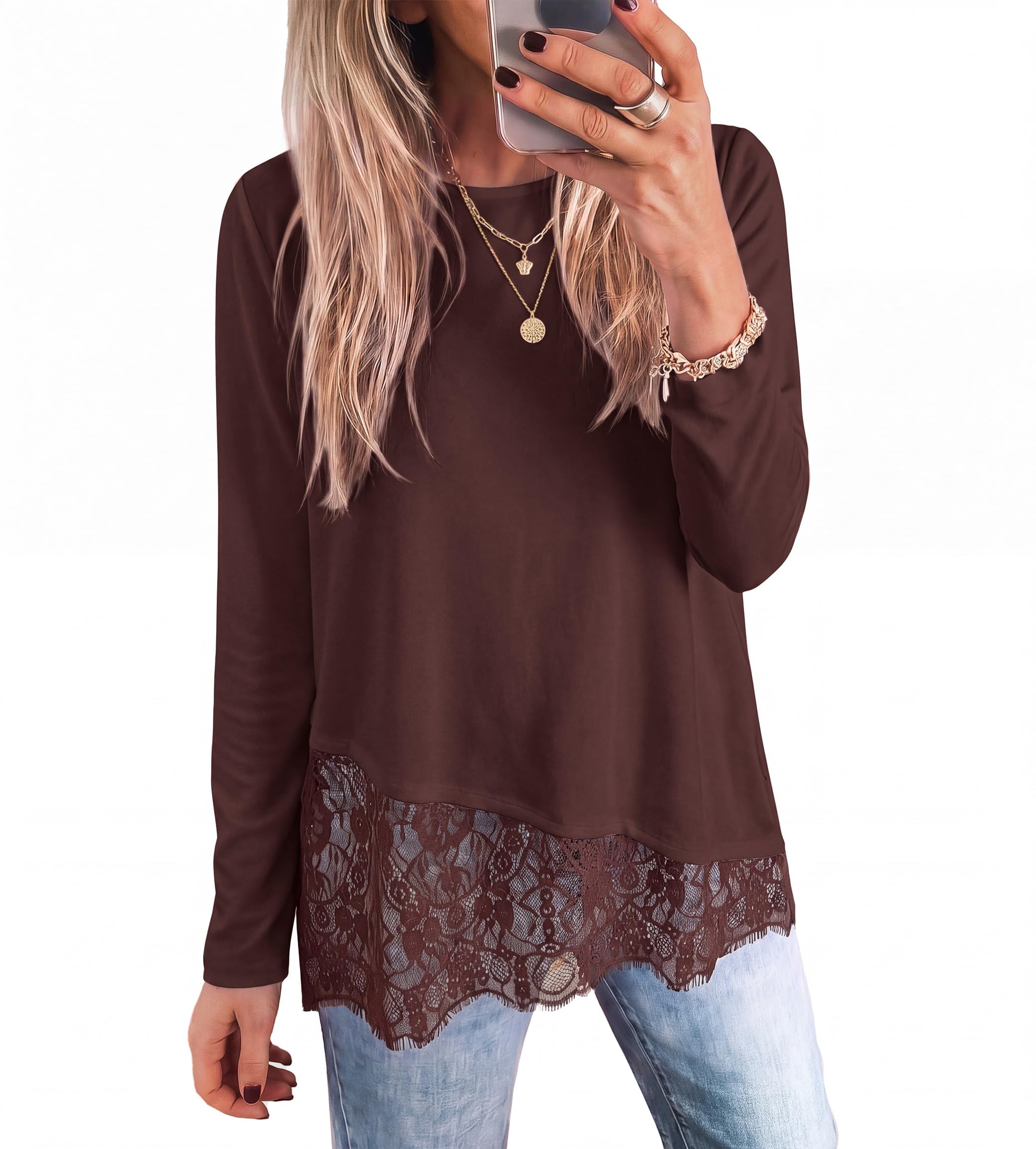 Women's Lace Patchwork Long Sleeve Shirts,Brown,S