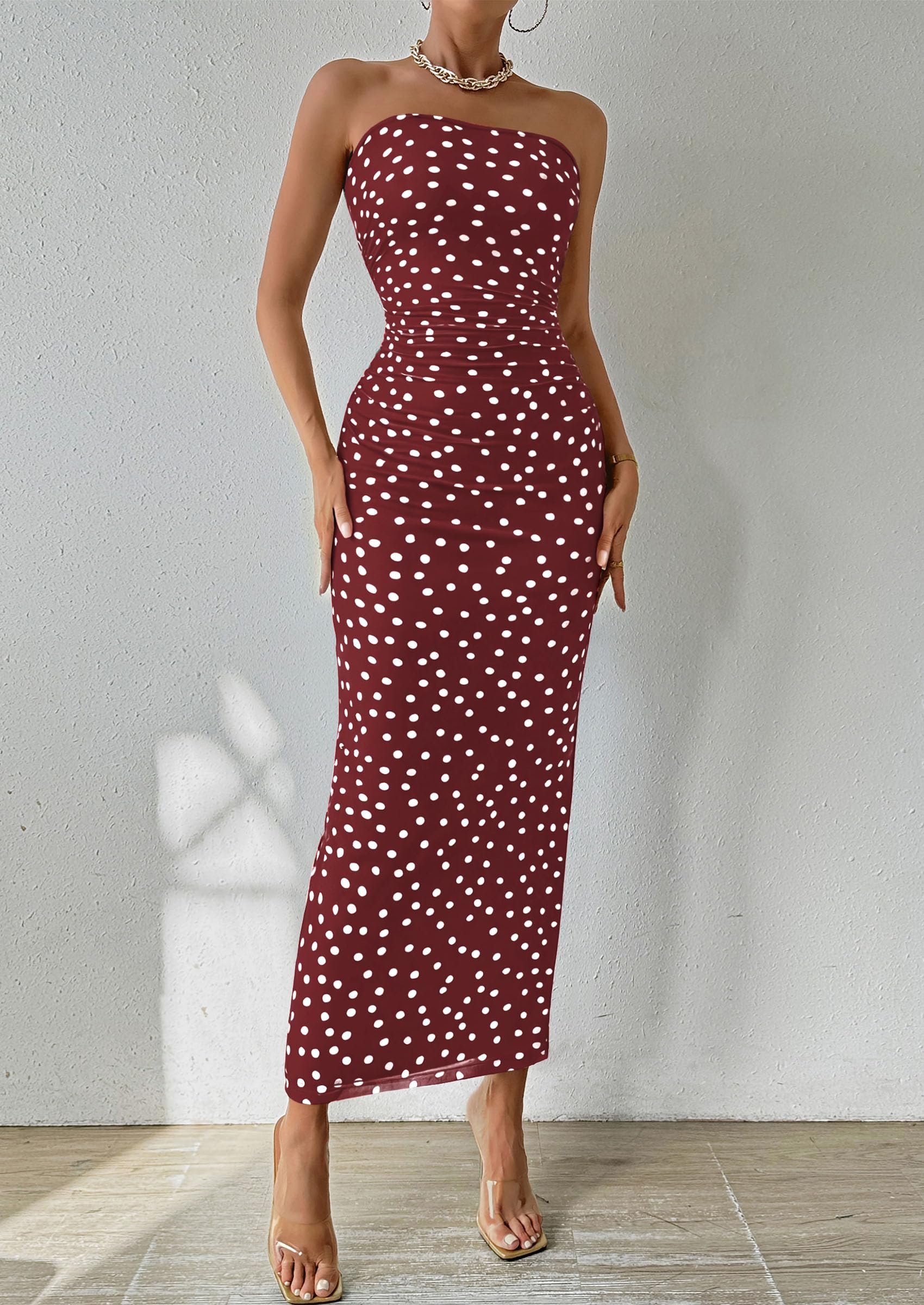 Womens Strapless Bodycon Maxi Dress, 01 Dot Burgundy White,S