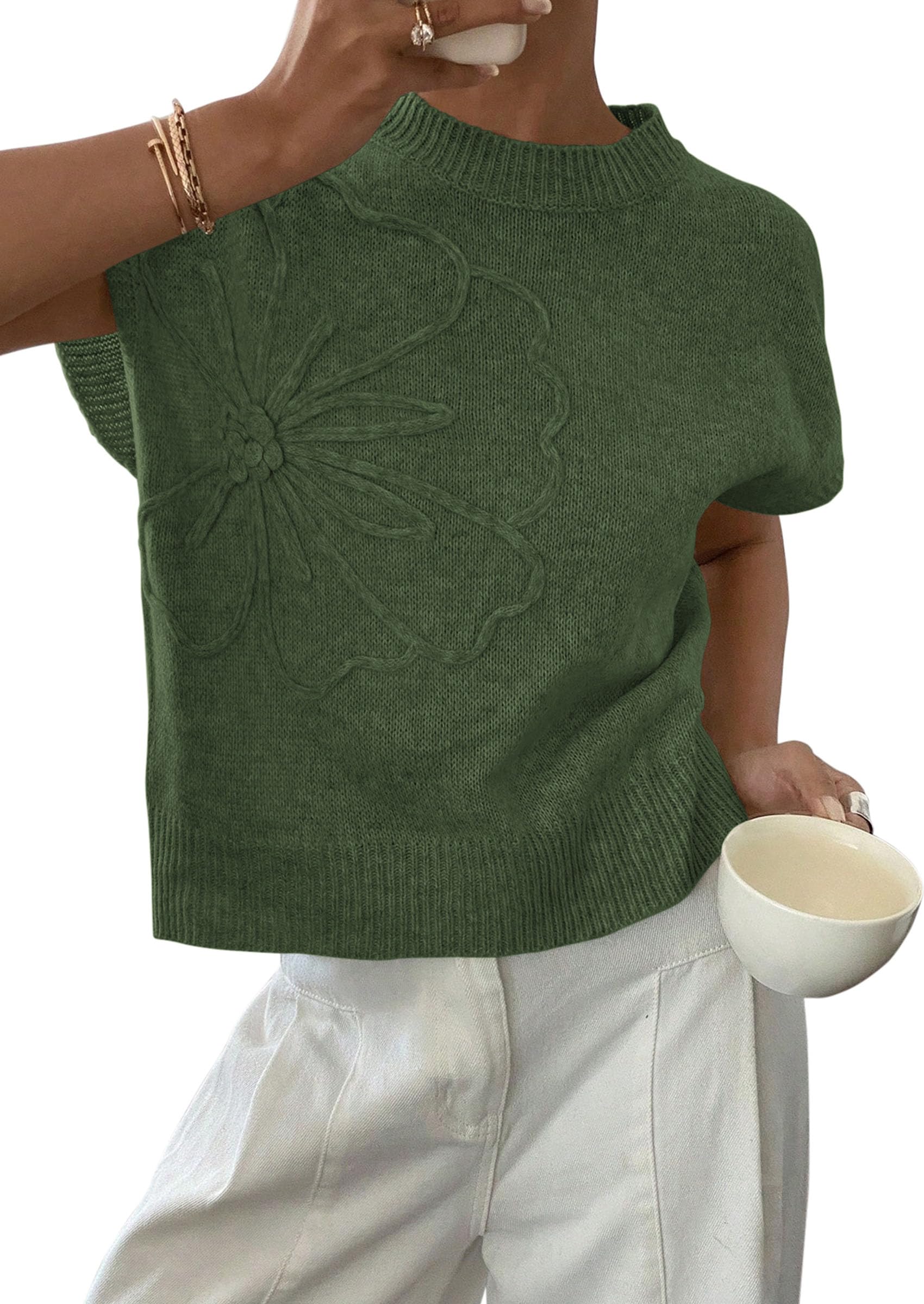 Women's Summer Short Cap Sleeve Sweater Vest (Army Green,S)