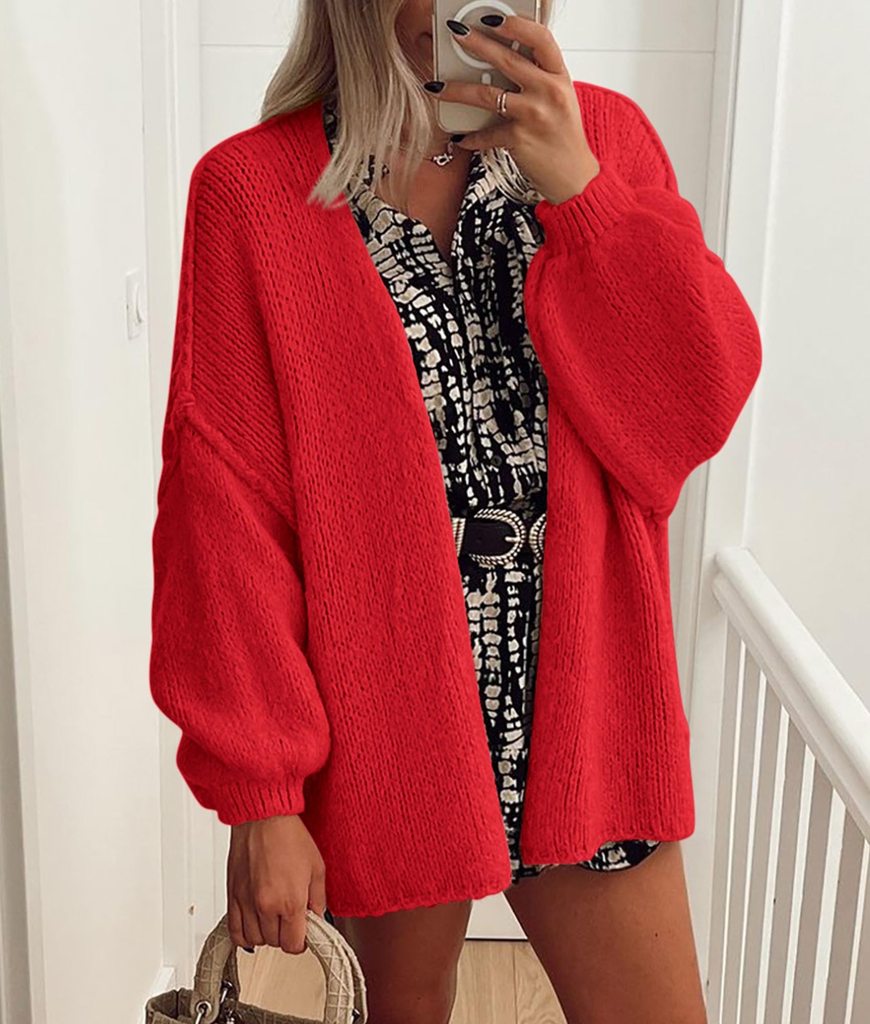 Womens Open Front Oversized Cardigan Sweaters,Red,XS