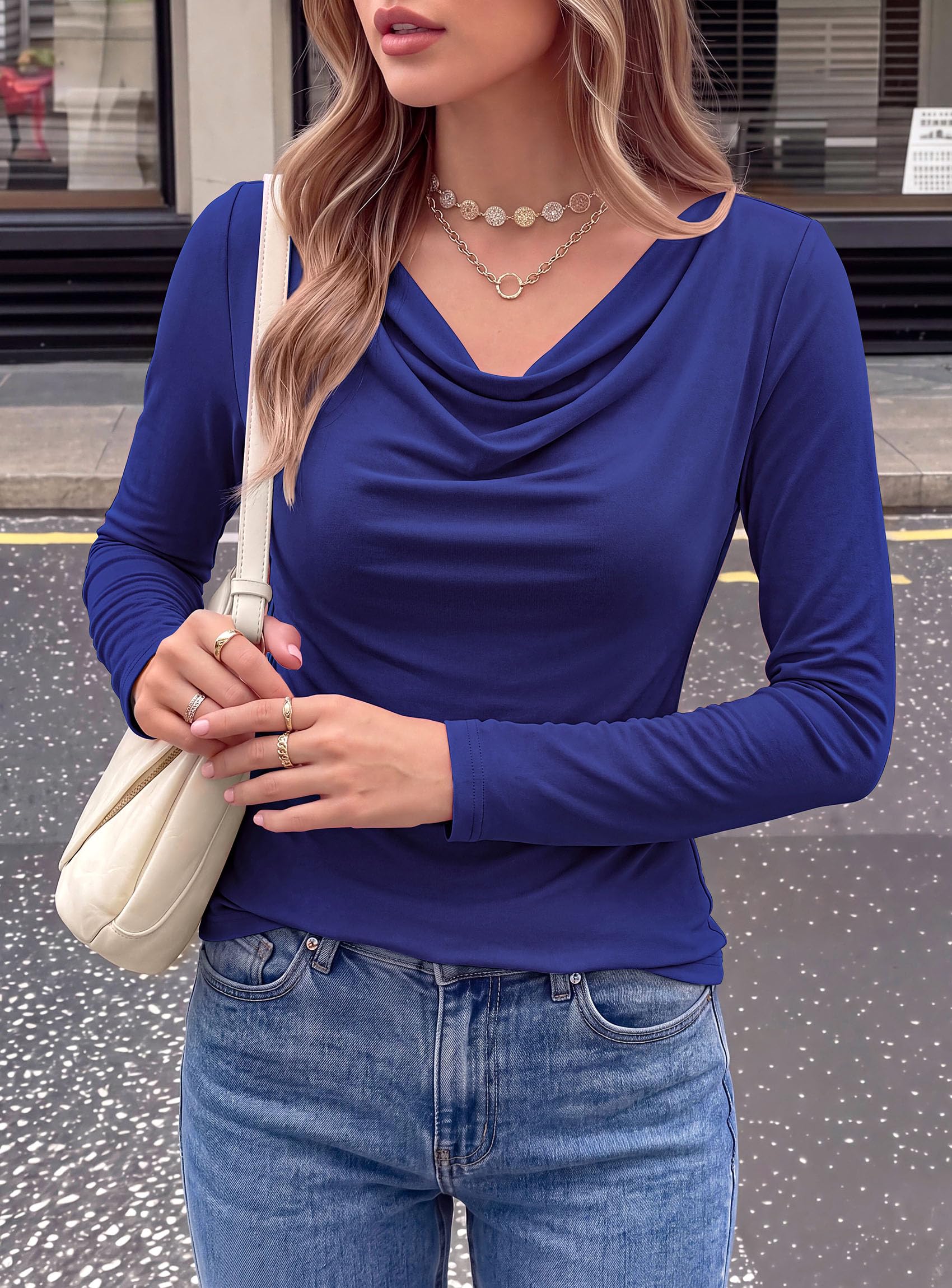 Cowl Neck Tops for Women Fashion Long Sleeve Shirt Royal Blue