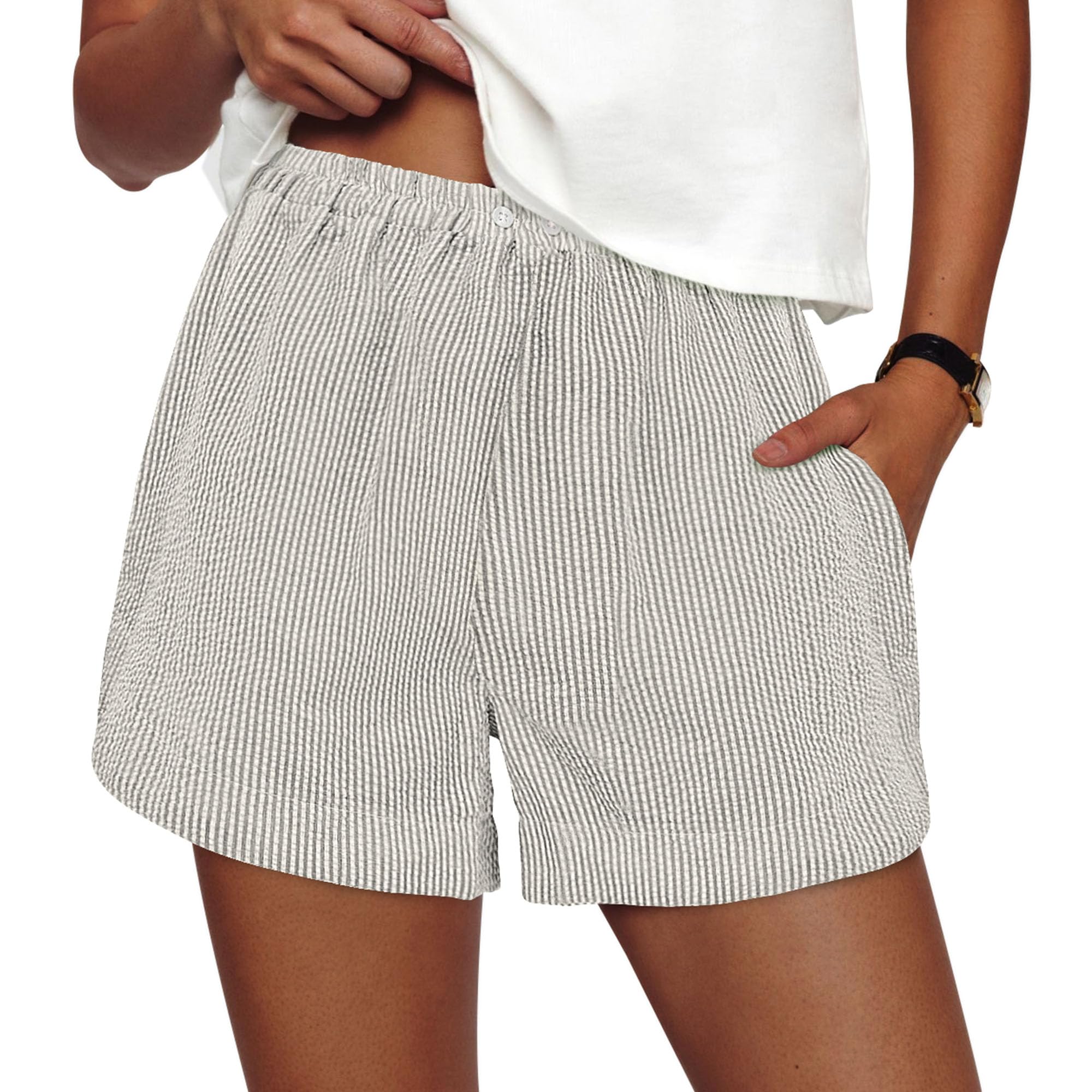 Women Summer Striped Boxer Shorts, Striped Grey Blue White,S