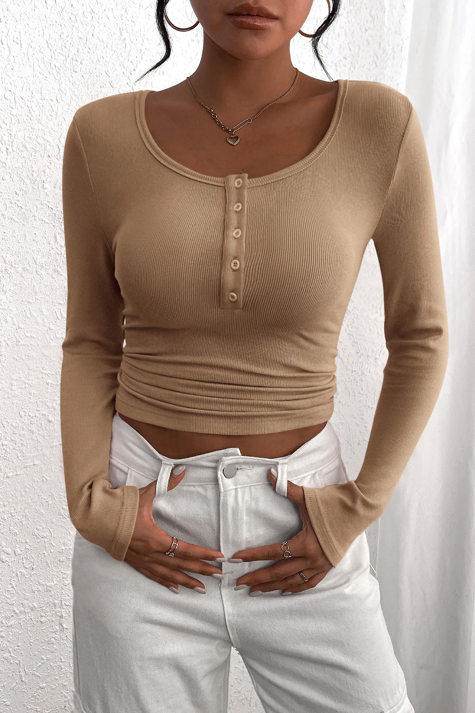 Women's Fall Long Sleeve Henley T Shirts Light Khaki