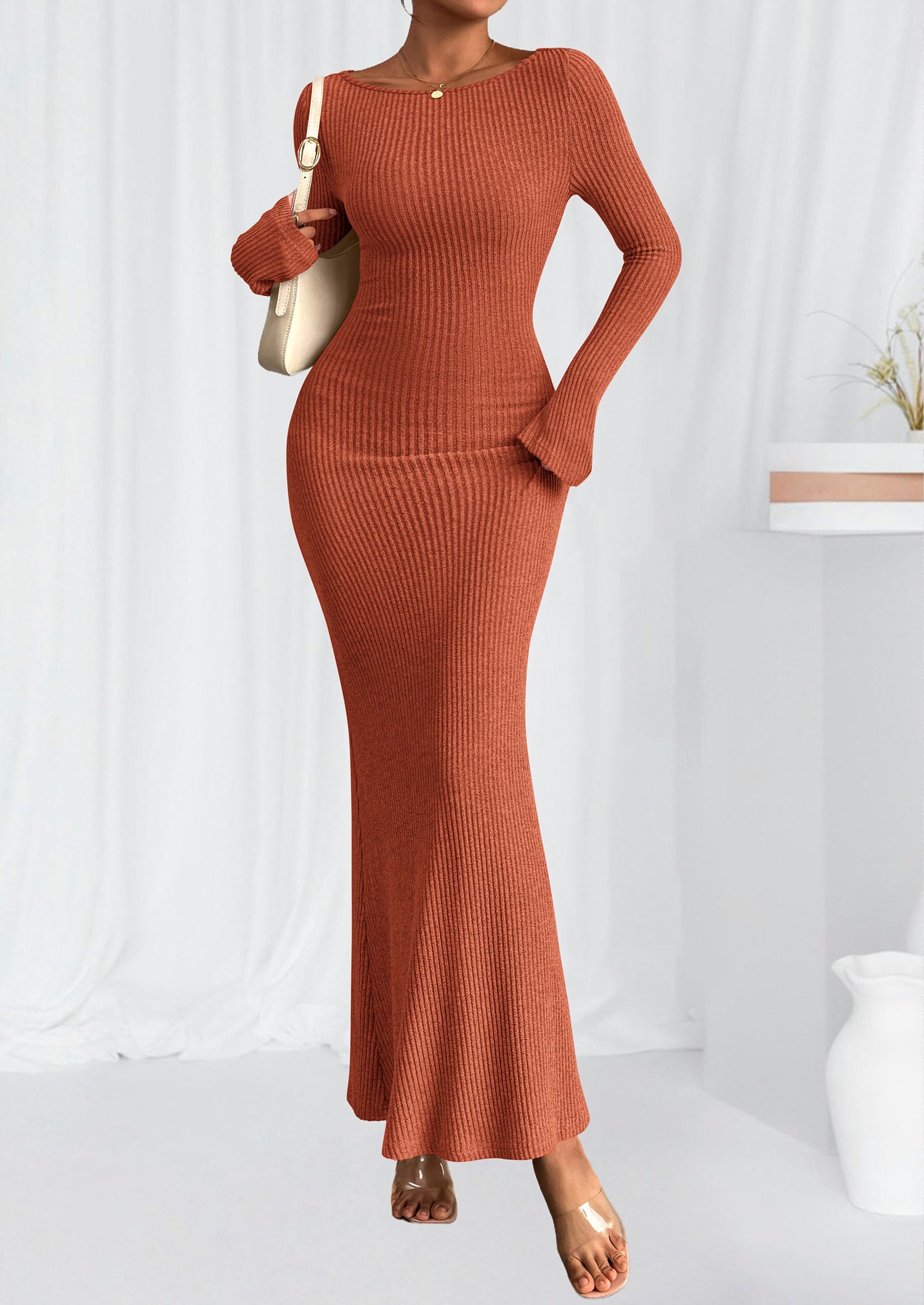 Women's Fall Long Sleeve Bodycon Maxi Dresses Burnt Orange,M