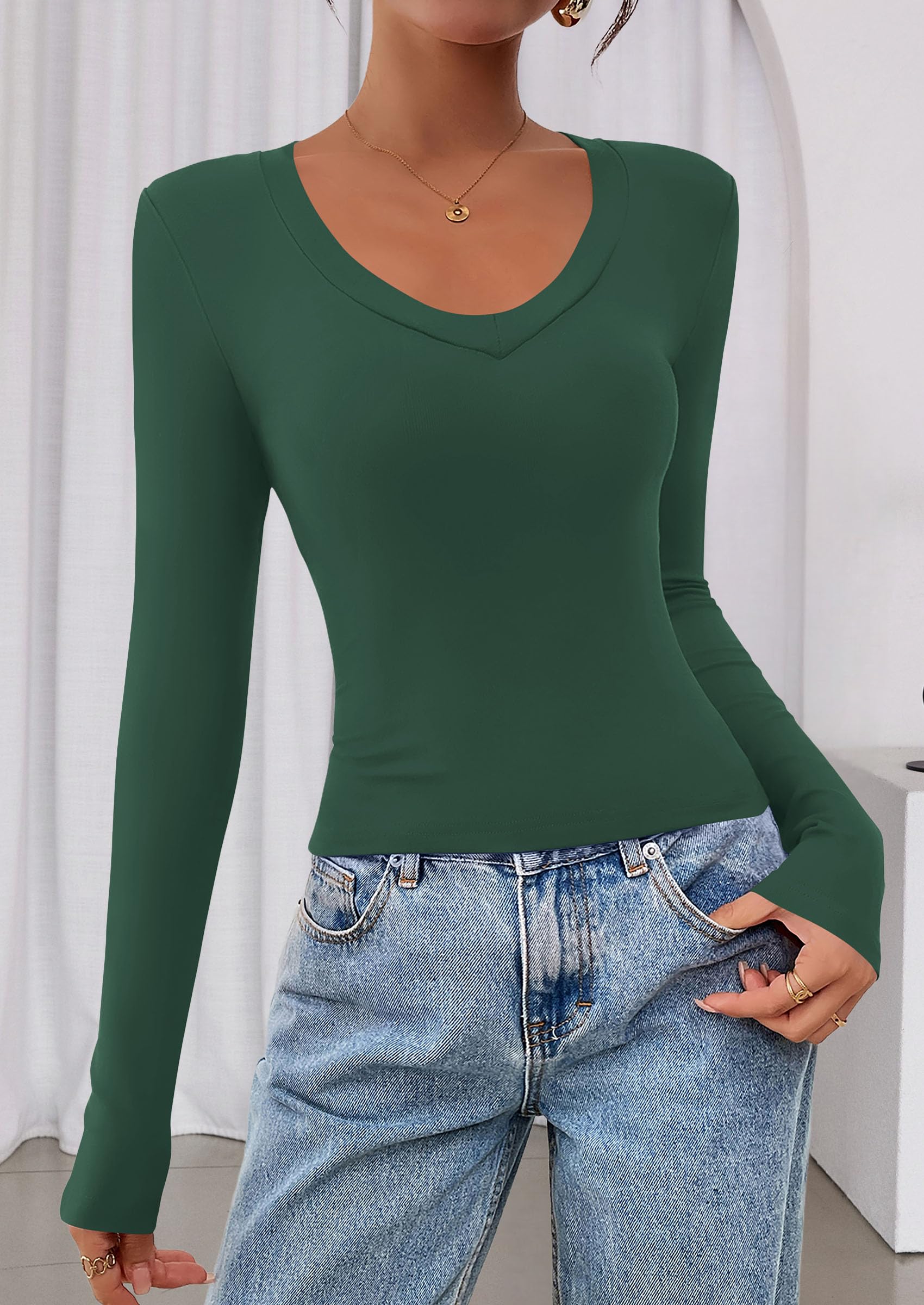 Womens Long Sleeve Slim Fit Crop Tops,Dark Green,XS