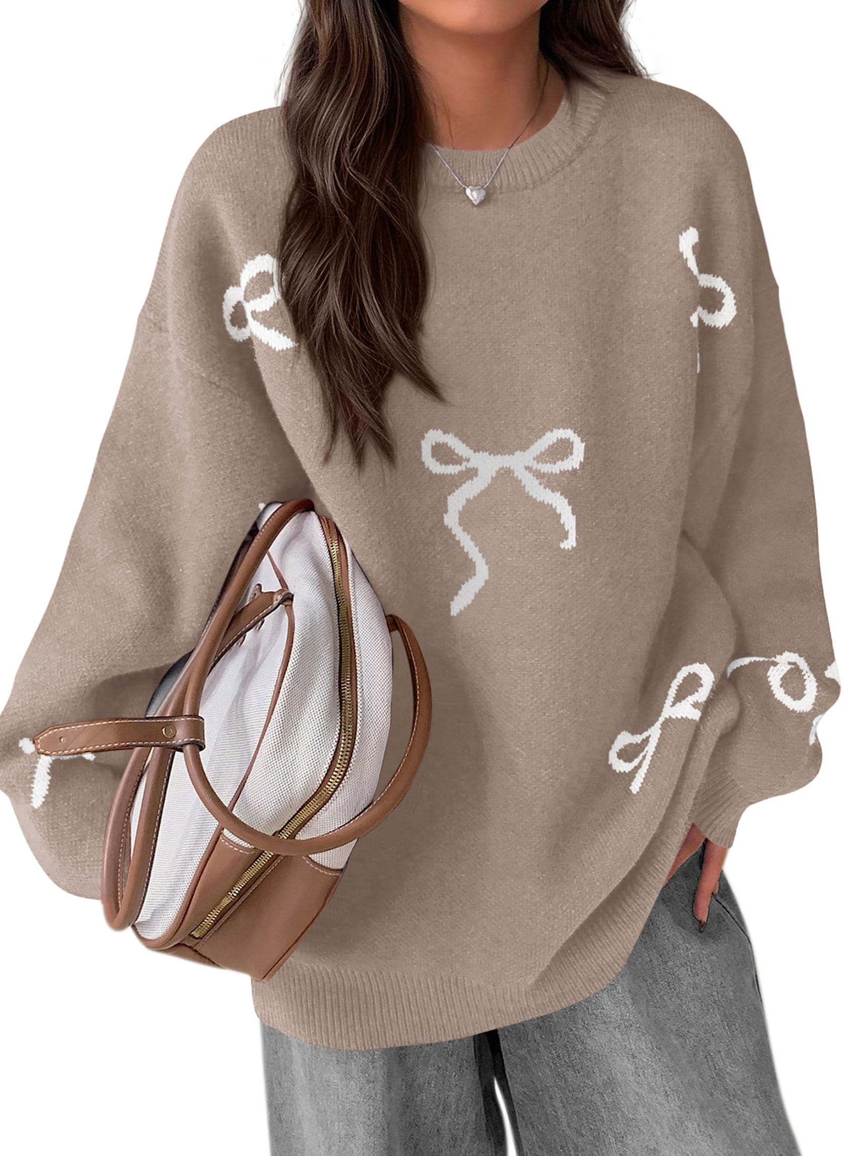 Fall Long Sleeve Pullover Sweaters for Women 2026 Trendy Crewneck Casual Cute Bow Chunky Knit Oversized Sweater (Khaki,Small)