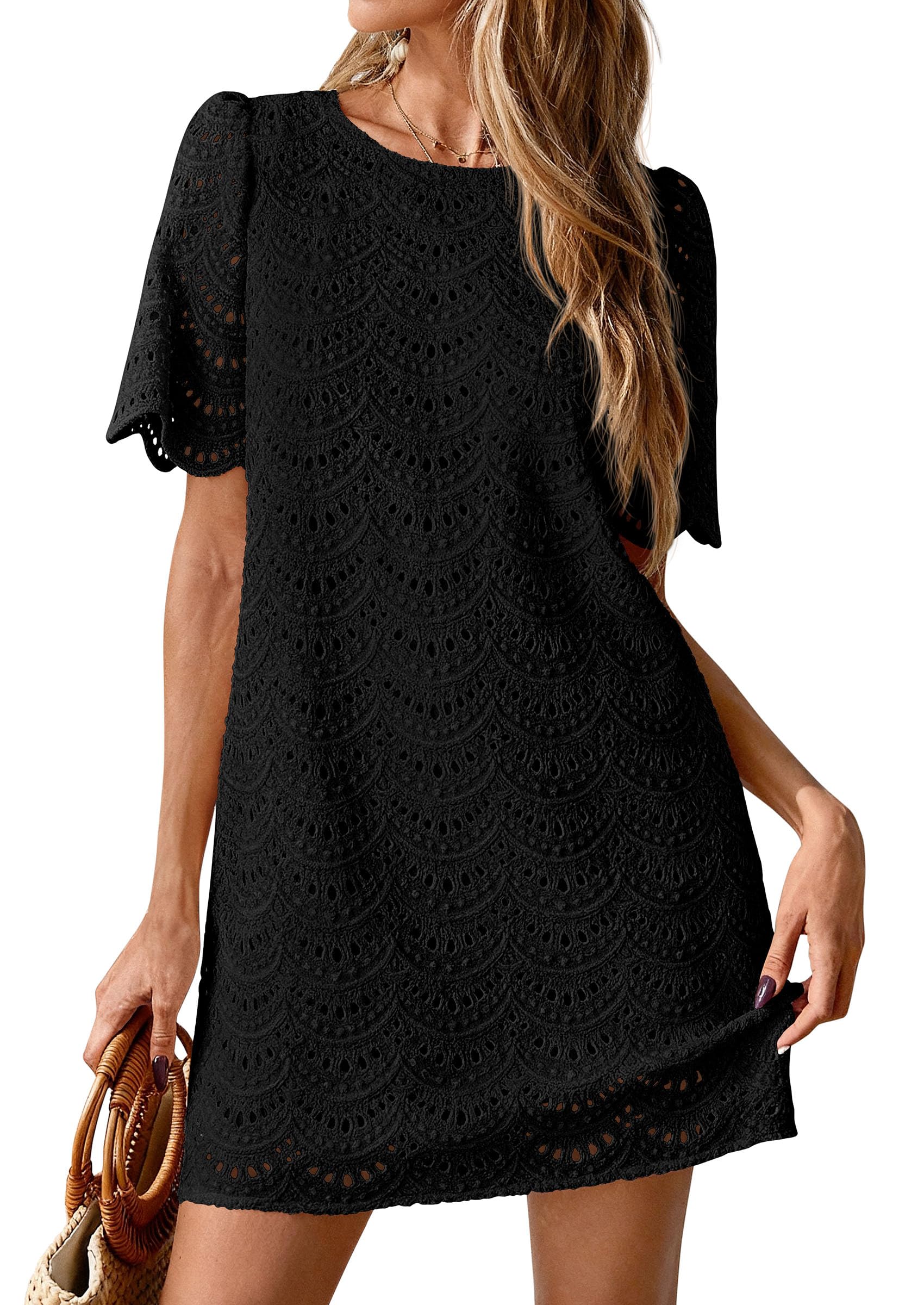 Women's Summer Eyelet Lace Short Dress (Black,S)