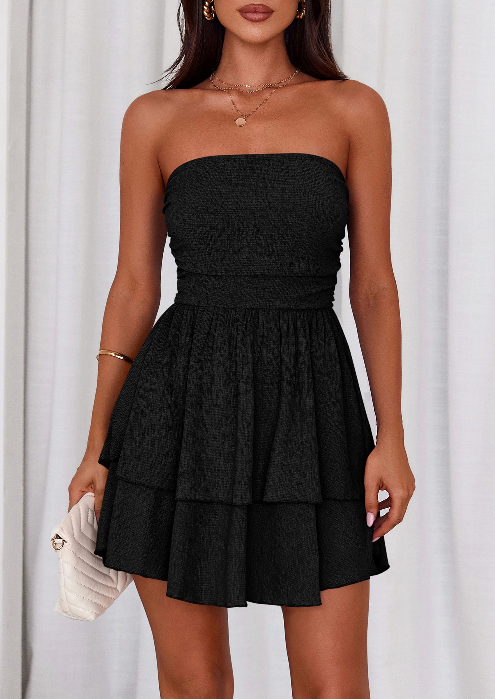 Women's Summer Strapless Flowy Mini Dresses (Black,S)
