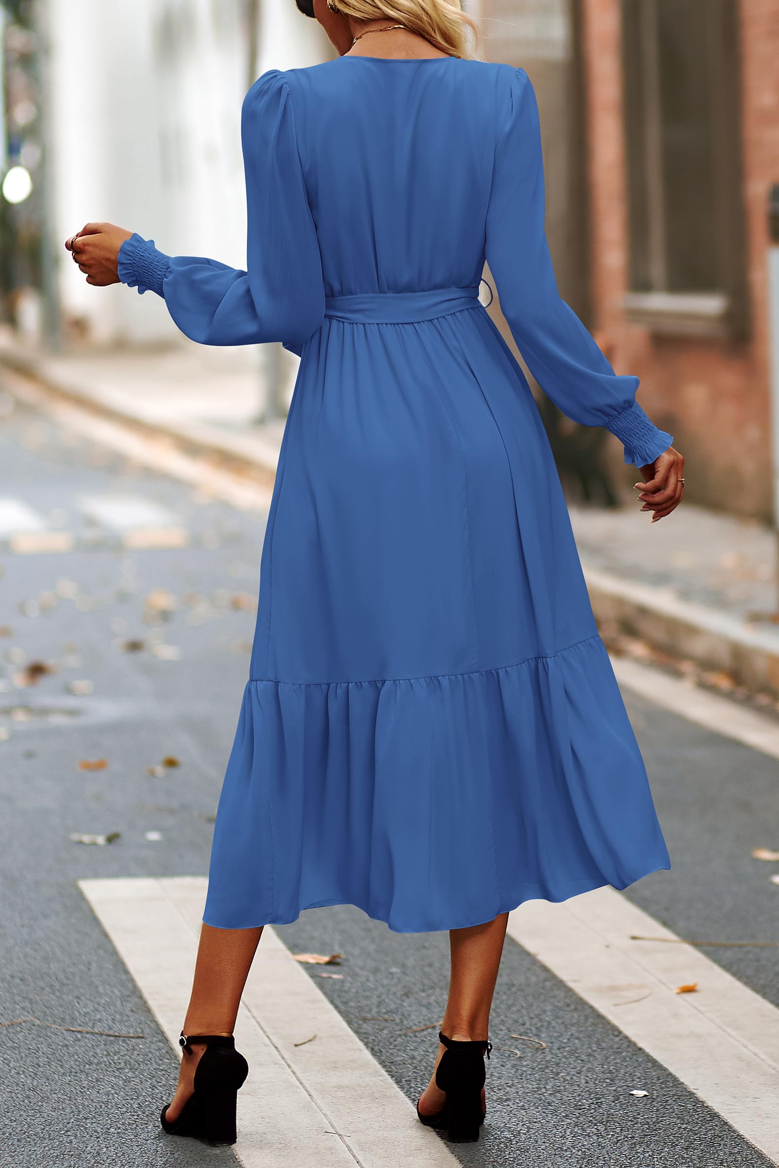 Women's Boho Long Sleeve Maxi Dress, Solid Dark Bule,S