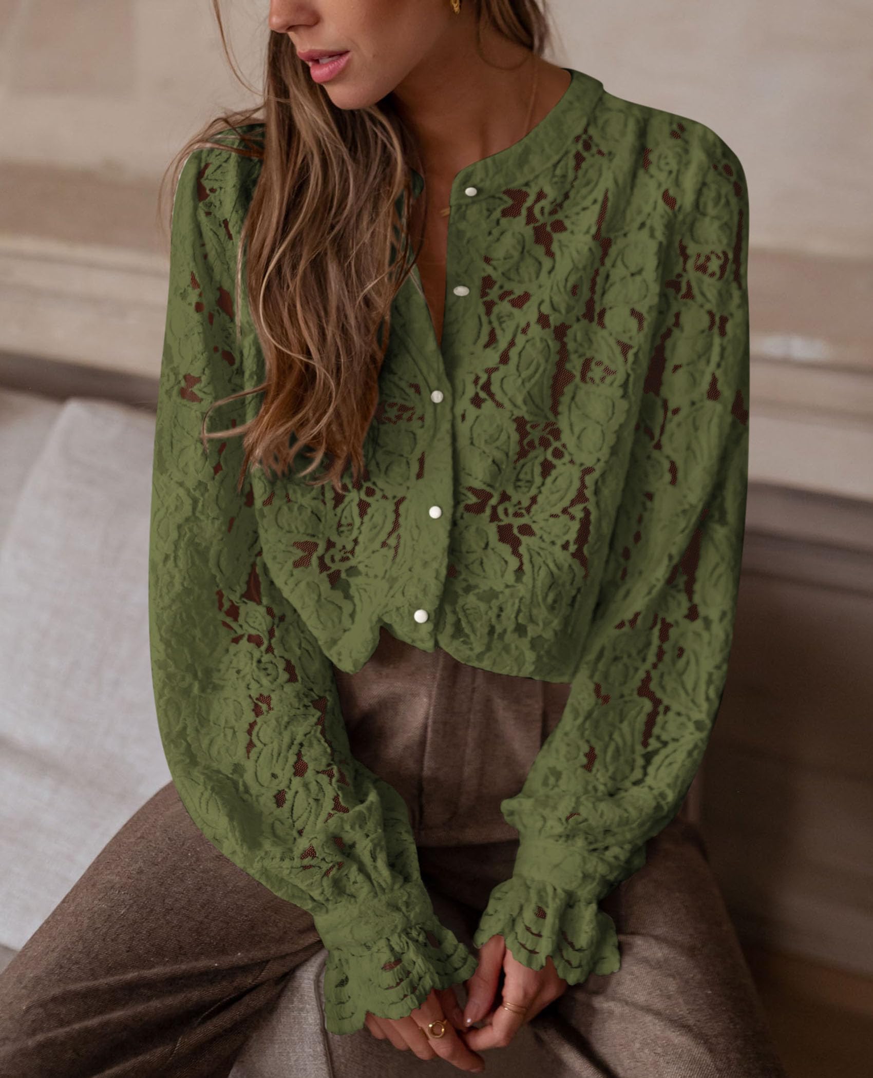 Women's Fall Trendy Long Sleeve Lace Tops(Army Green,Small)