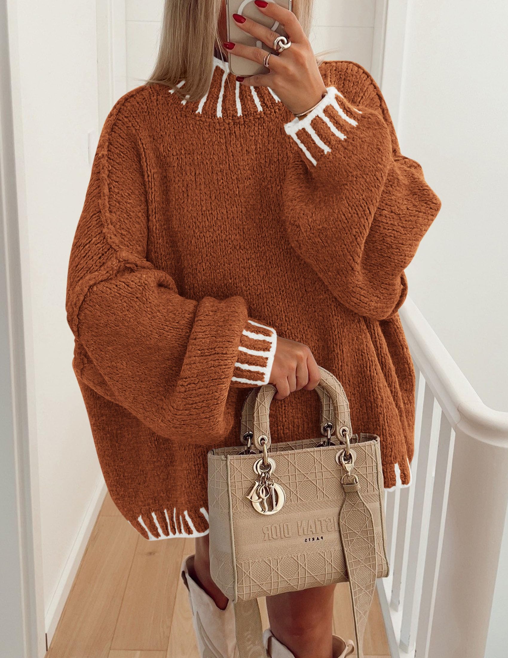 Women's Mock Neck Oversized Pullover Sweaters,Brick Red,XS