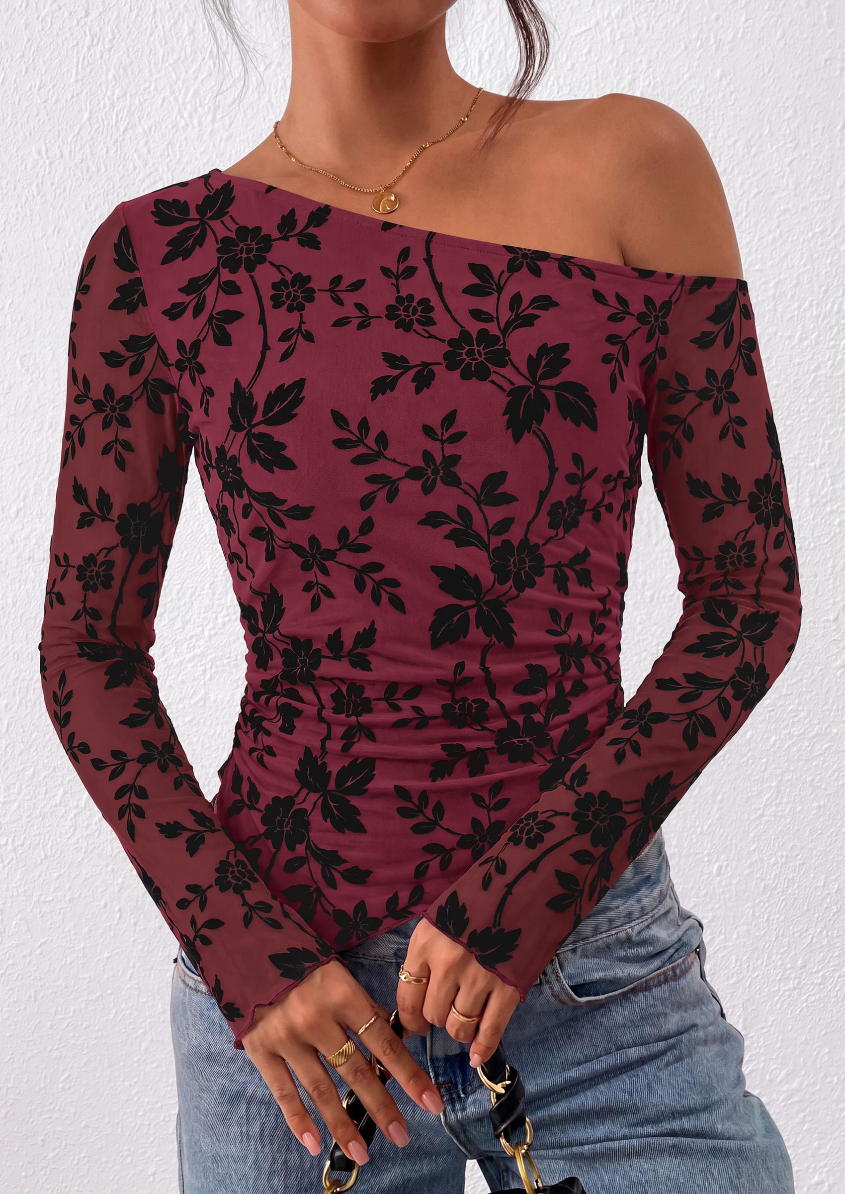Womens Off Shoulder Mesh Y2k Tops,Wine Red,XS