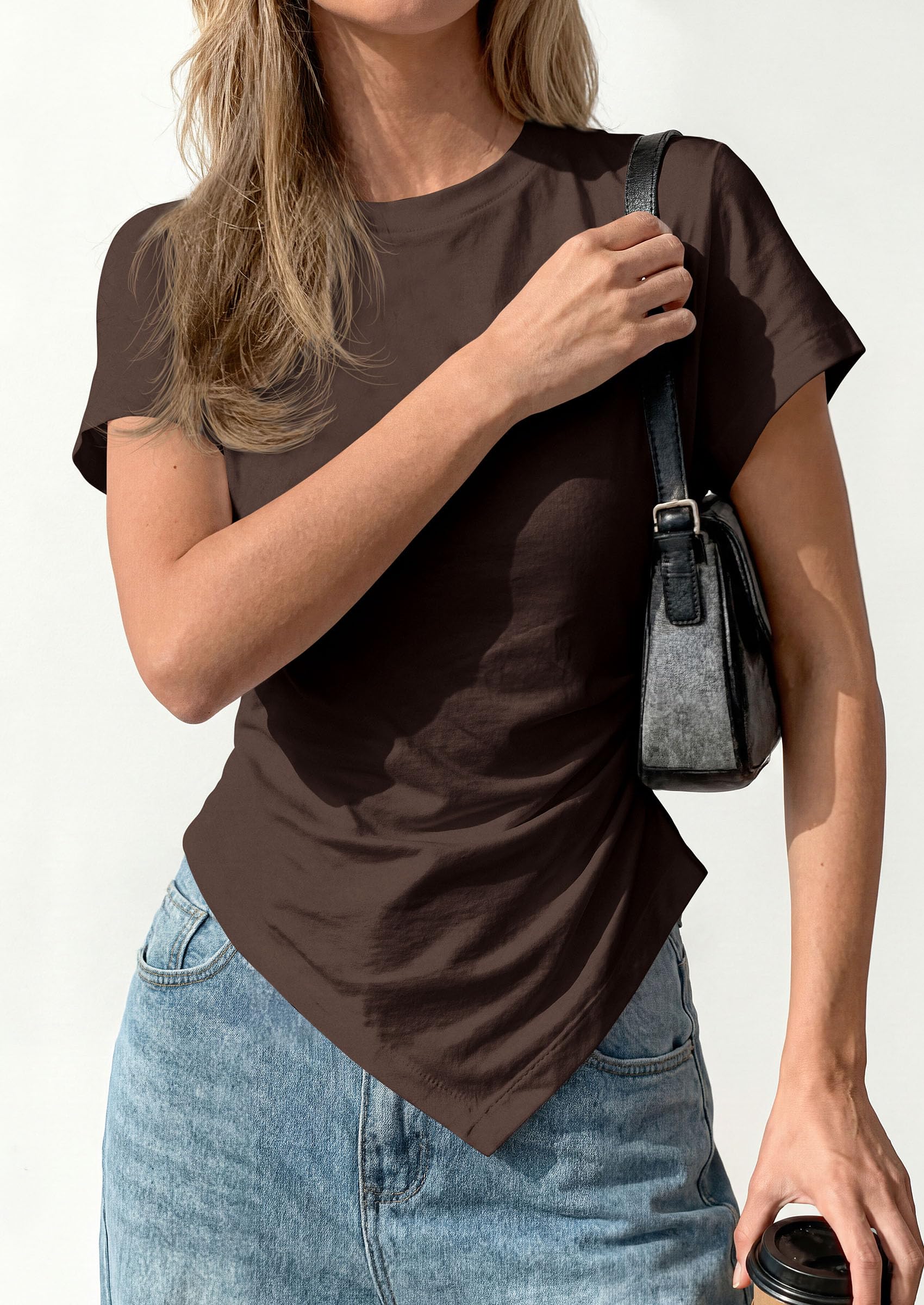 Womens Asymmetrical Summer Short Sleeve Tops,Brown,XS