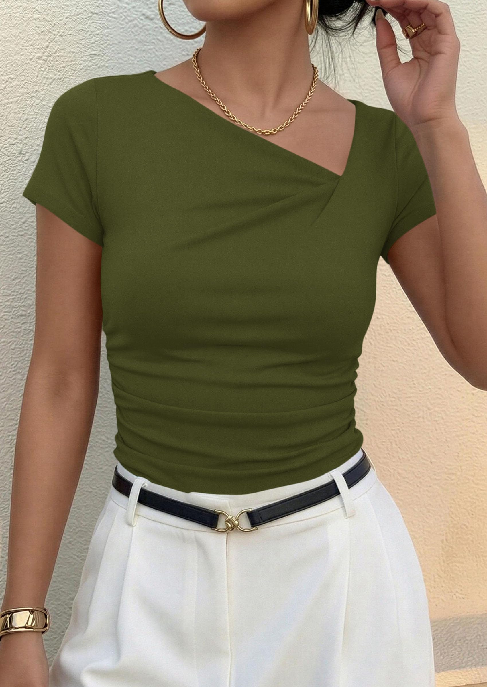 Women's Summer Trendy Asymmetrical Y2K Tops (Army Green,S)