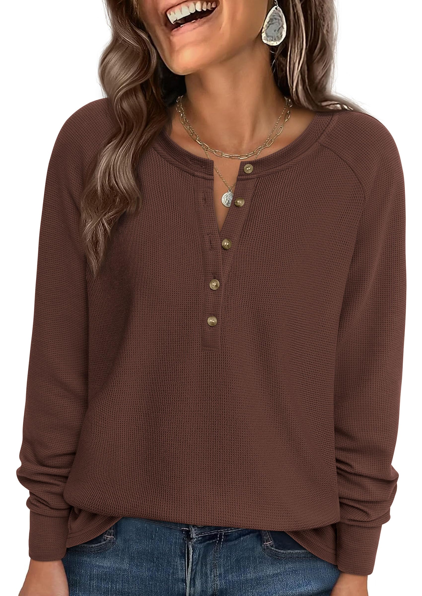 Women's Long Sleeve Waffle Knit Henley Shirts Loose Tunic Tops