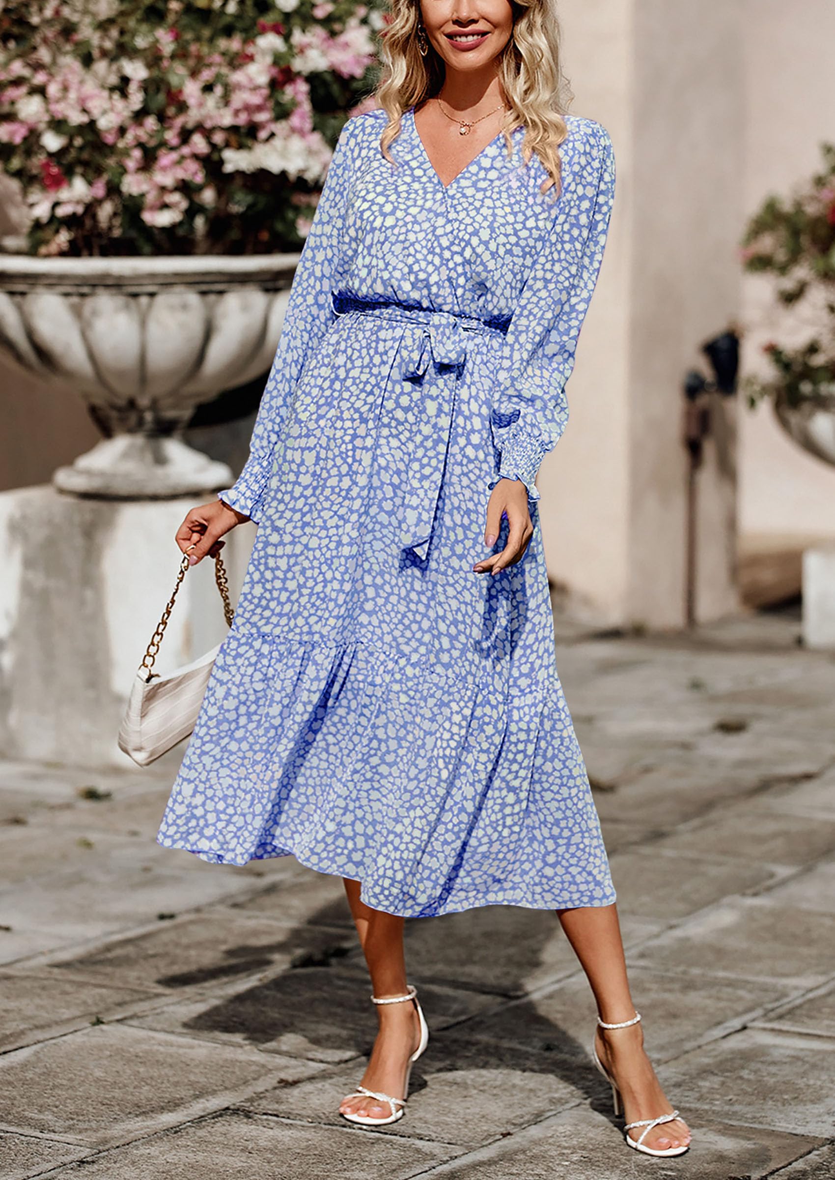 Women's Floral Boho Long Sleeve Maxi Dress, Light Blue,S