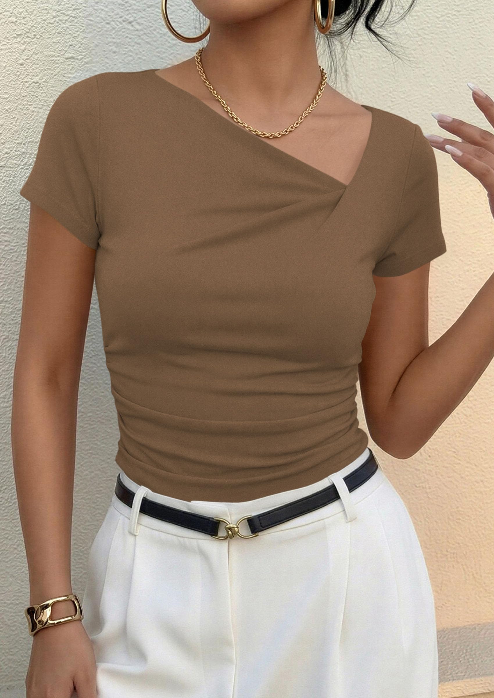 Women's Summer Trendy Asymmetrical Y2K Tops (Dark Khaki,S)