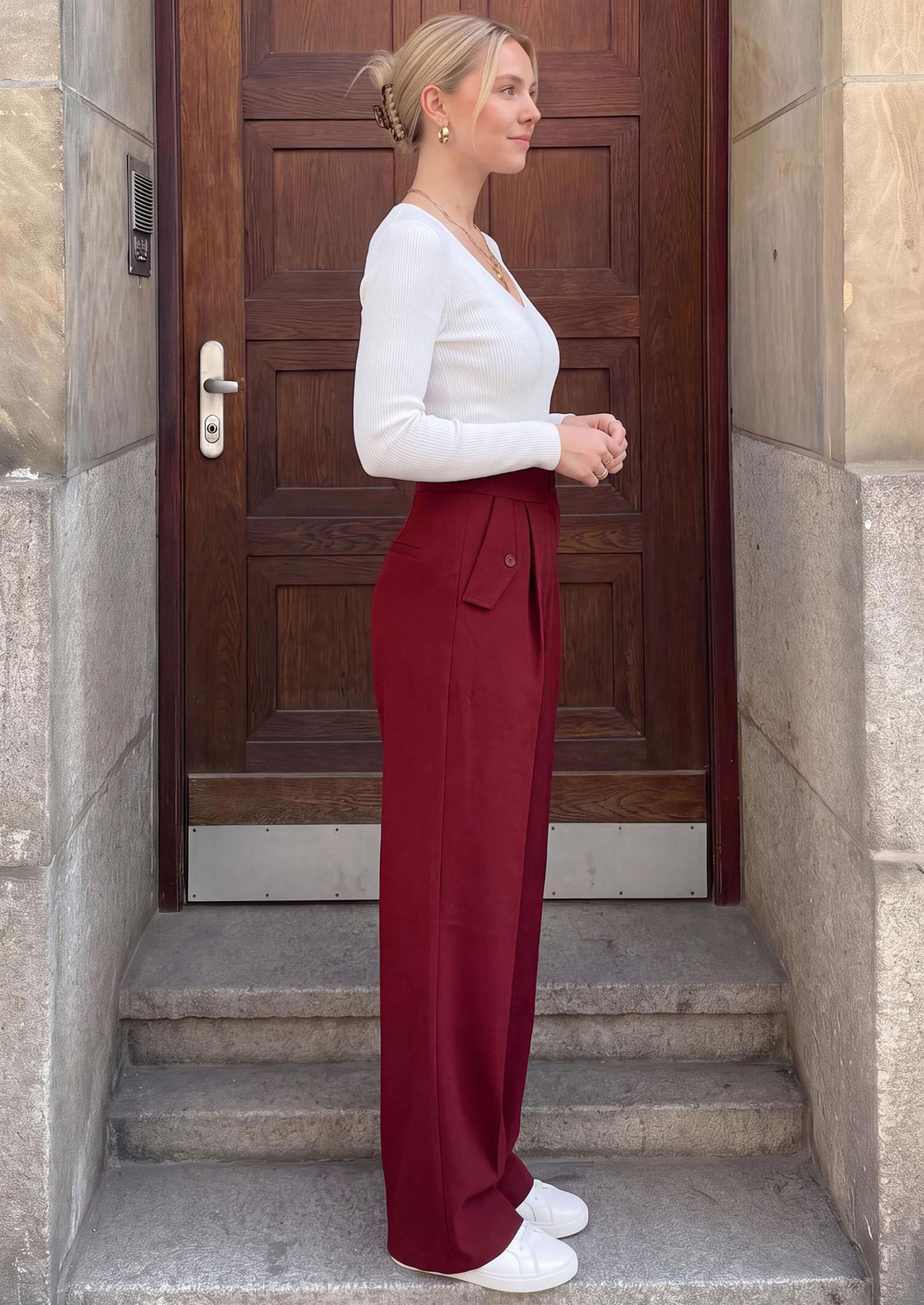 Women's Wide Leg Work Dress Pants Trousers (Burgundy,S)