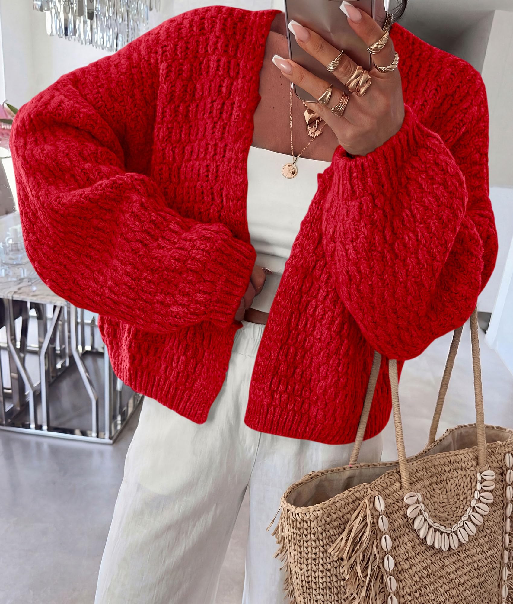 Women's Fall Cardigan Open Front Chunky Sweaters Red S