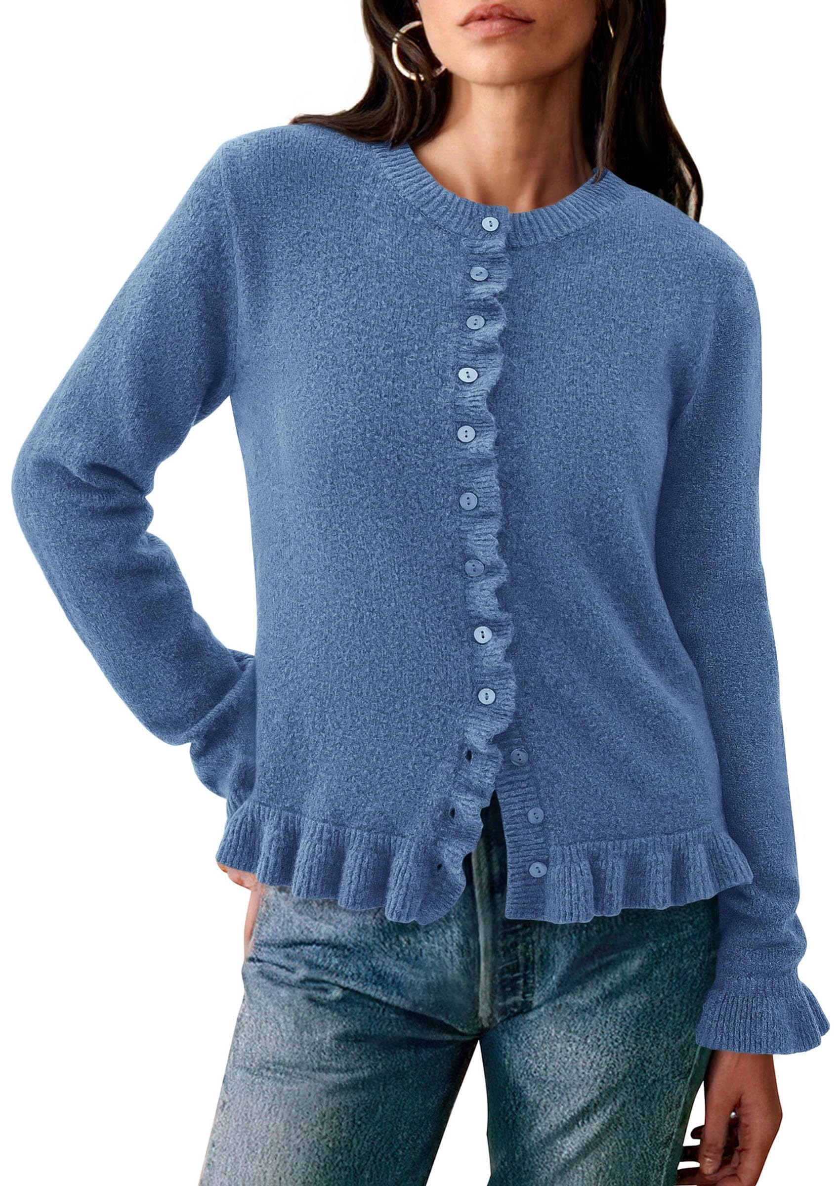 Womens Ruffle Button Down Cardigan Sweaters,Grey Blue,S