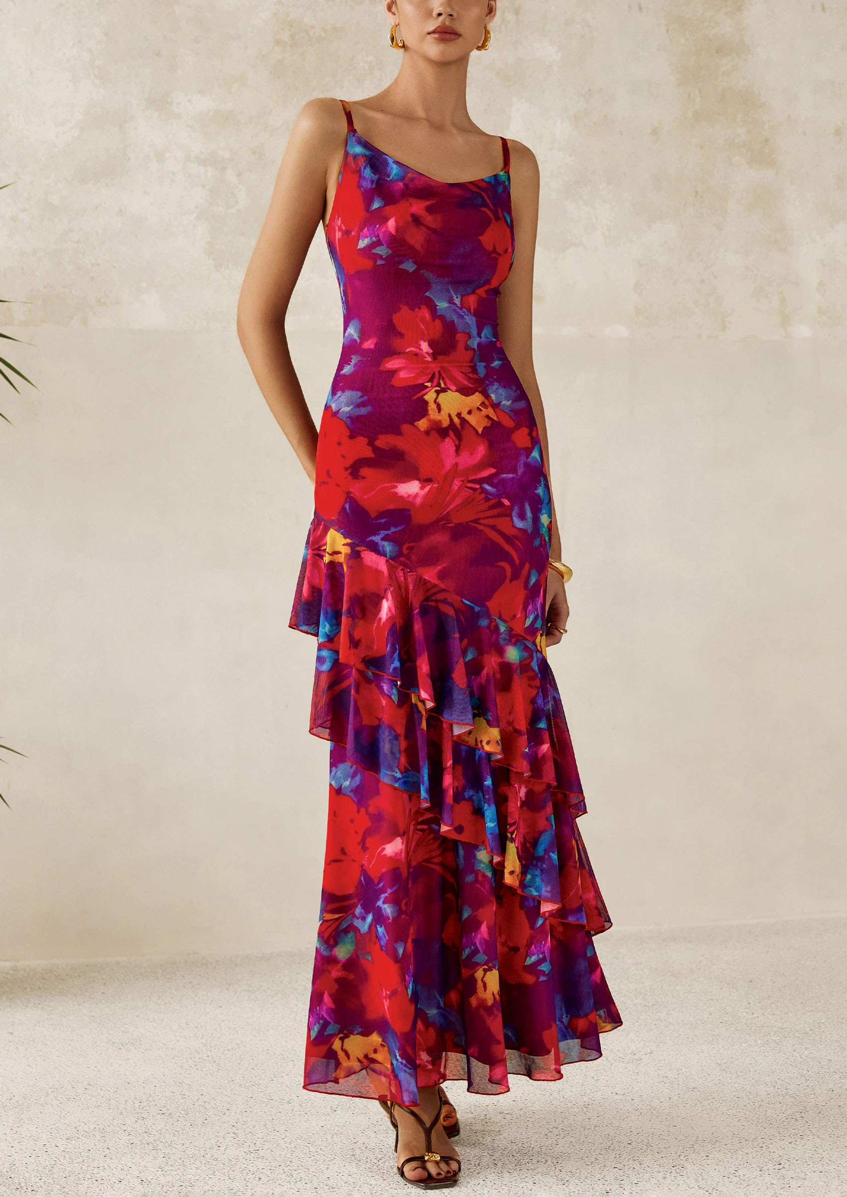Women's Boho Floral Tiered Maxi Dress, Navy Red Big Floral,XS