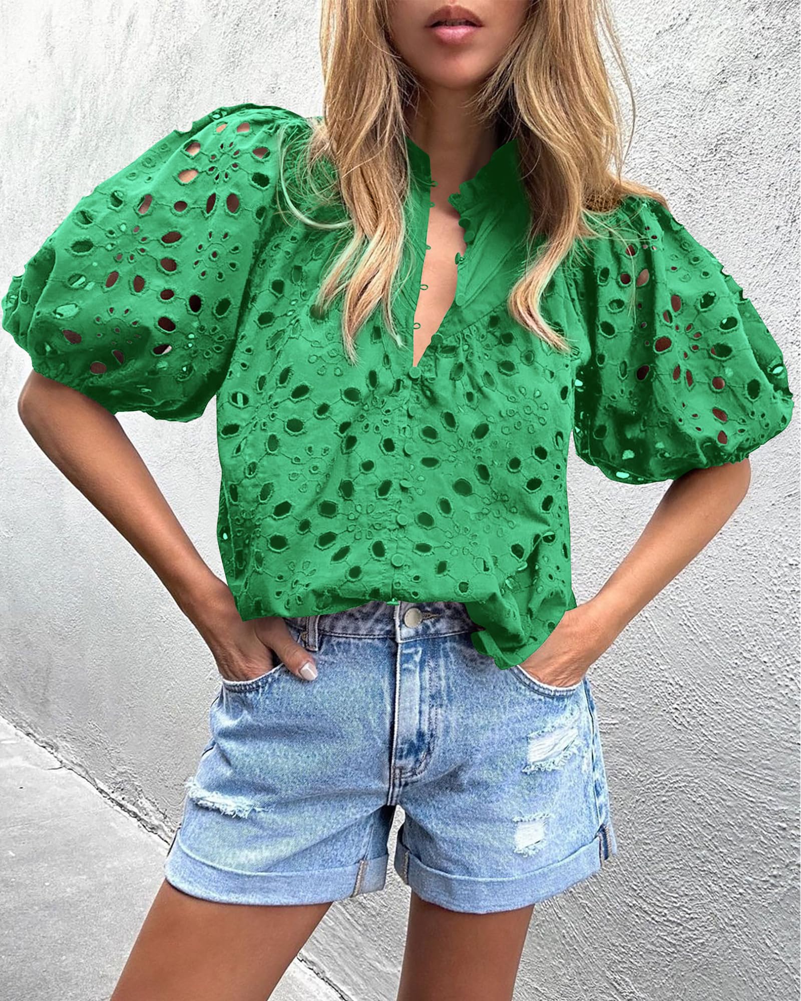 Womens Tops Boho Eyelet Puff Sleeve Blouse, Green,M