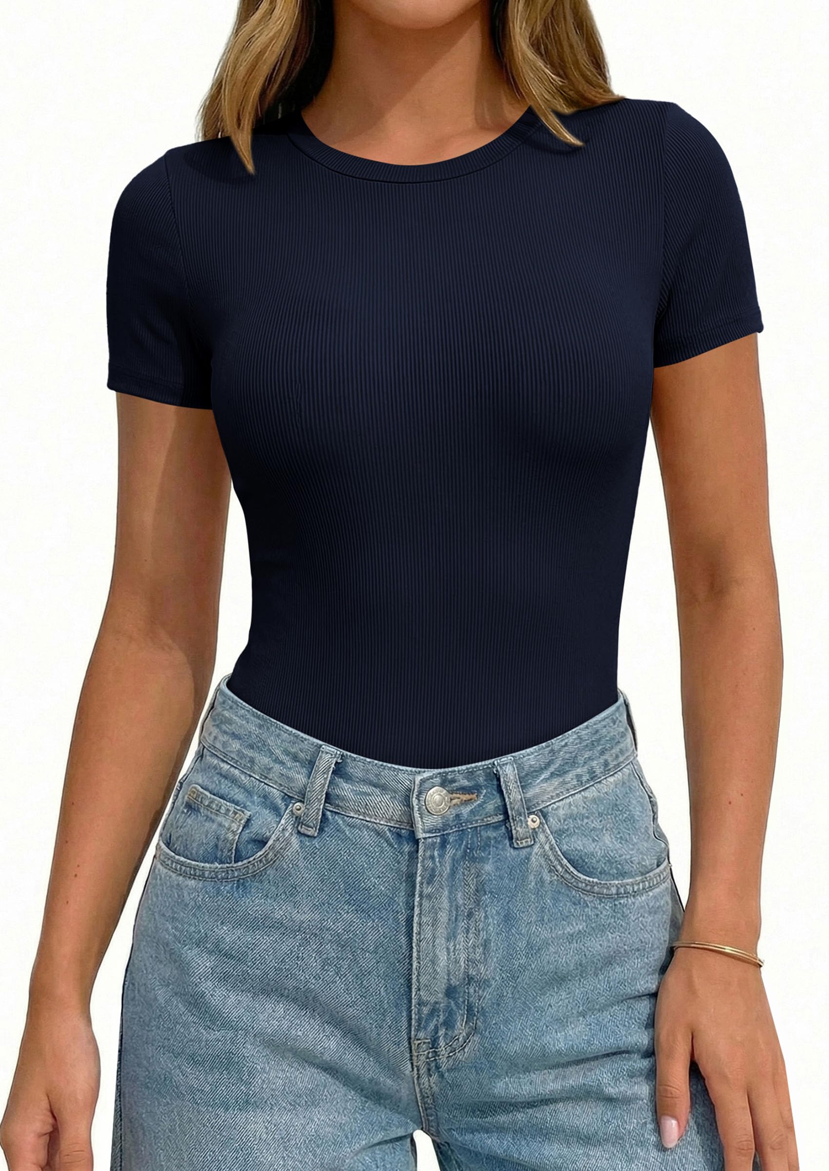Body Suits for Womens Short Sleeve Summer Tops, Navy Blue,XS