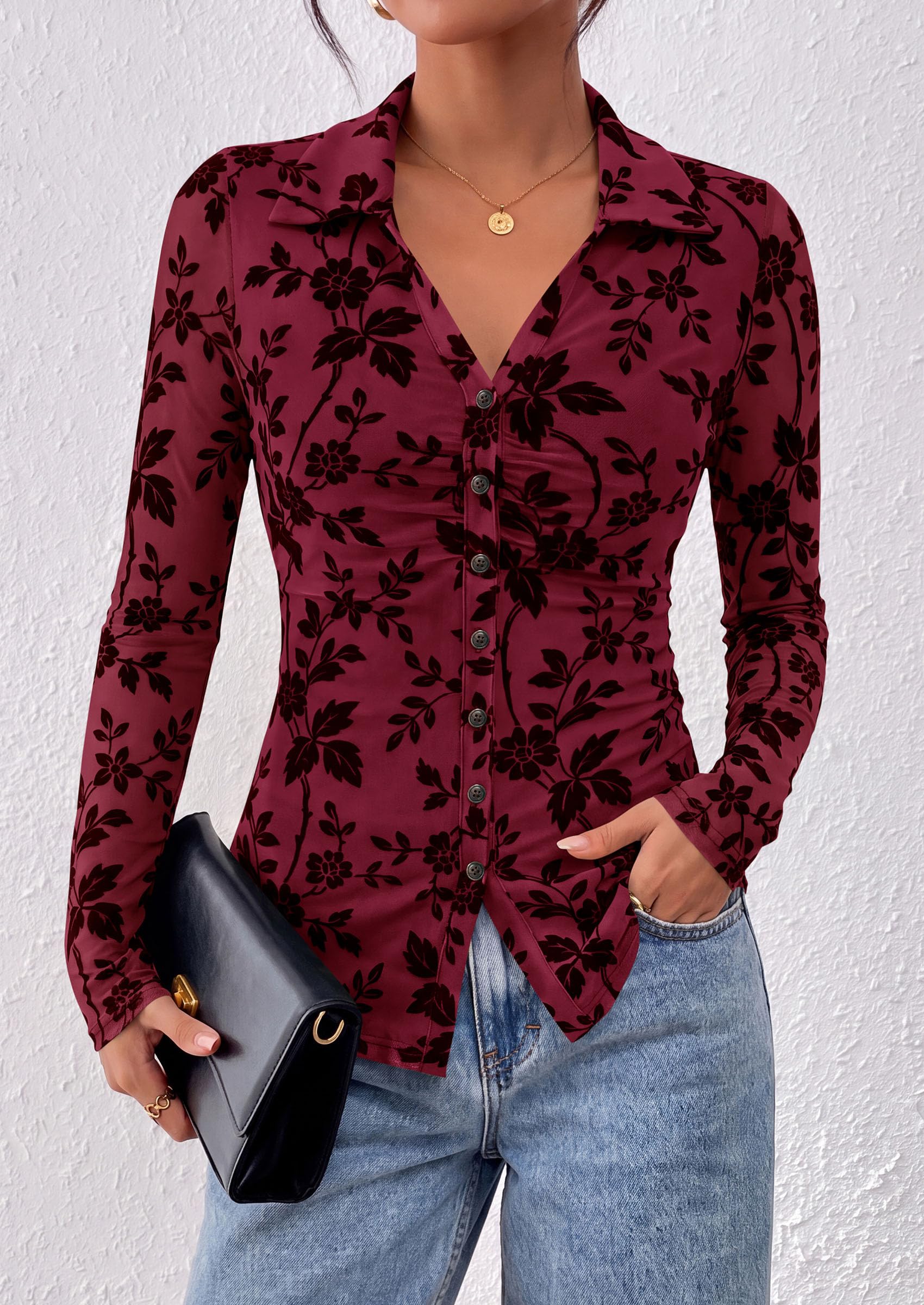 Women's Long Sleeve Floral Mesh Boho Tops Button Down Shirts