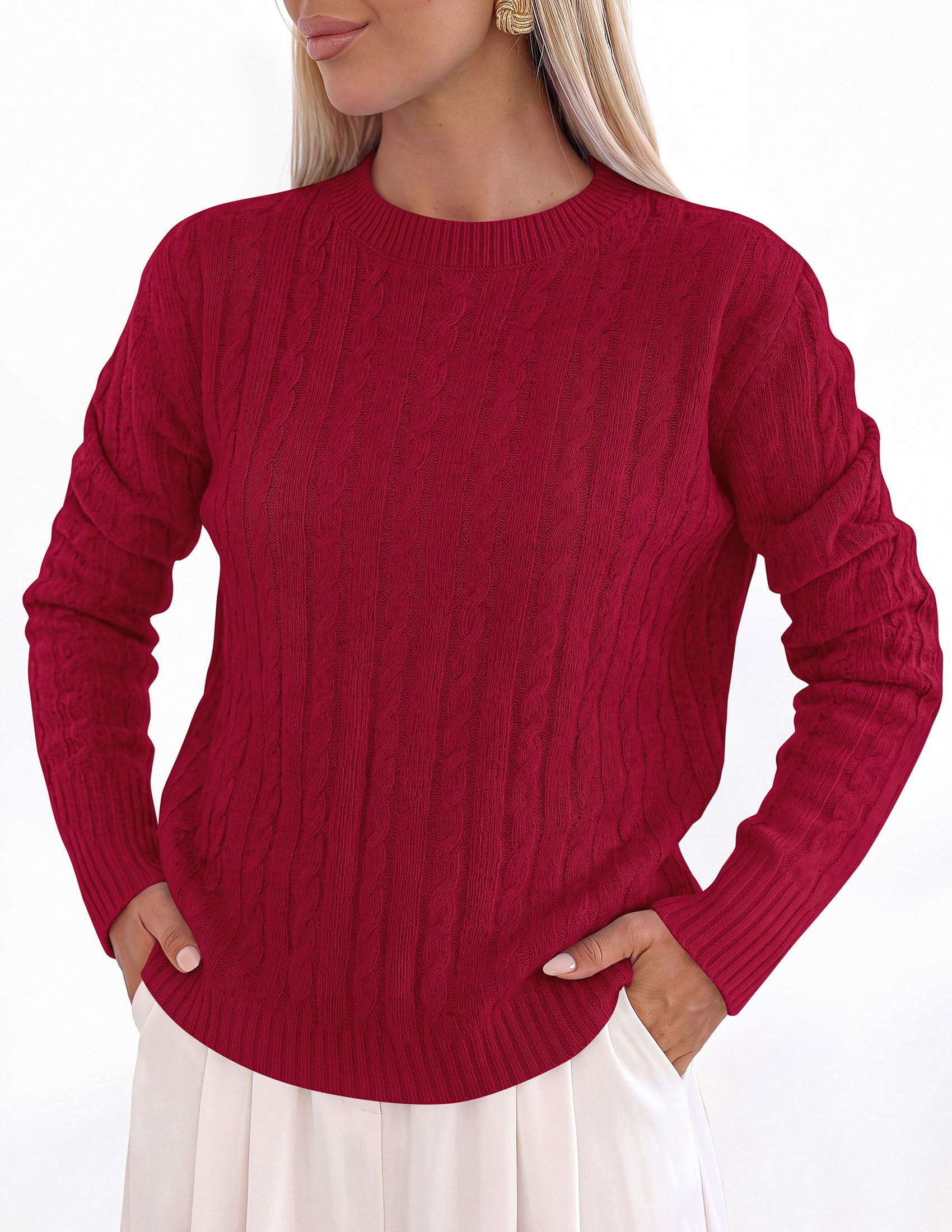 Womens Cable Knit Crewneck Fall Sweater Long Sleeve Tops 2026