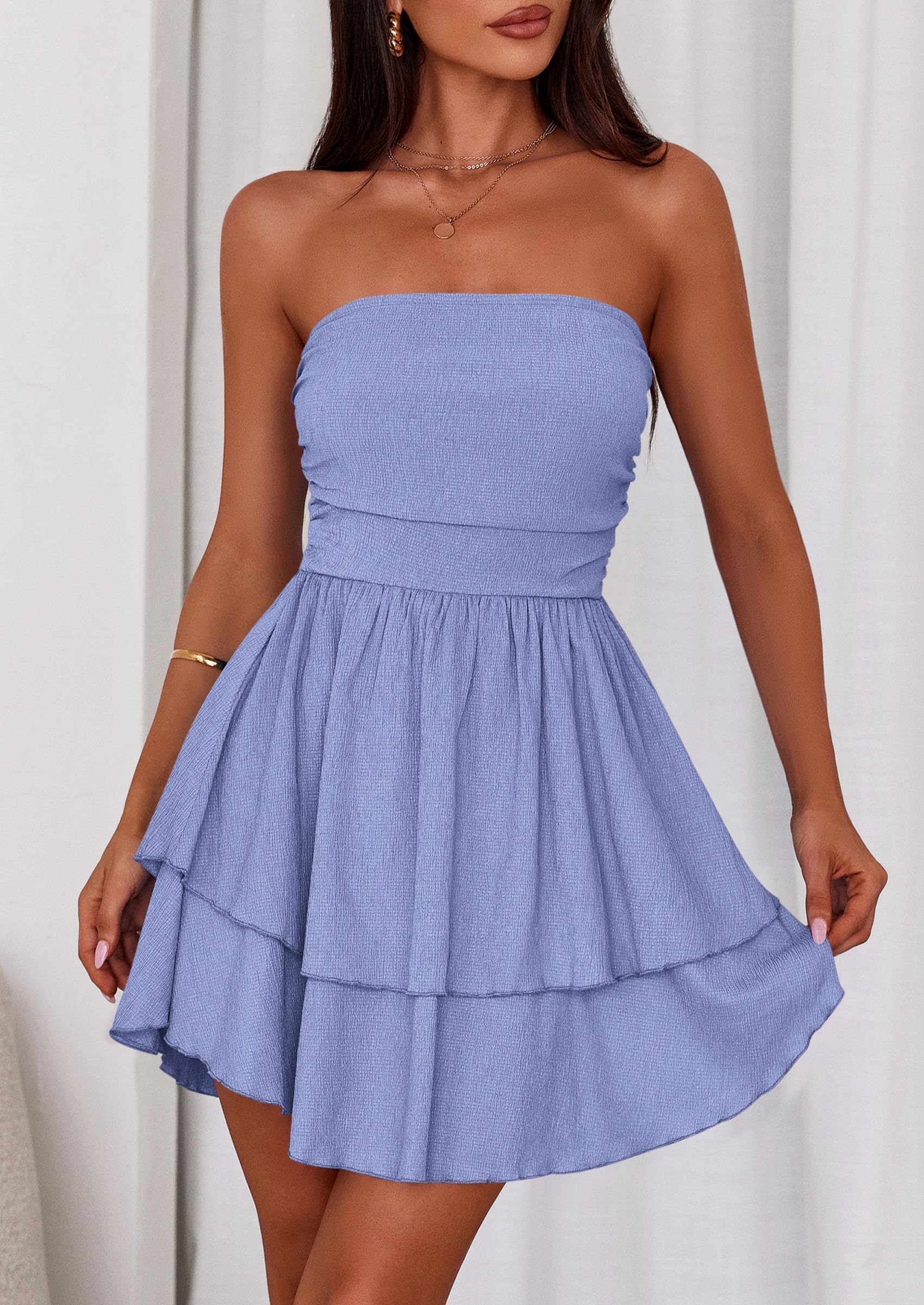 Women's Summer Strapless Flowy Mini Dresses (Light Blue,S)