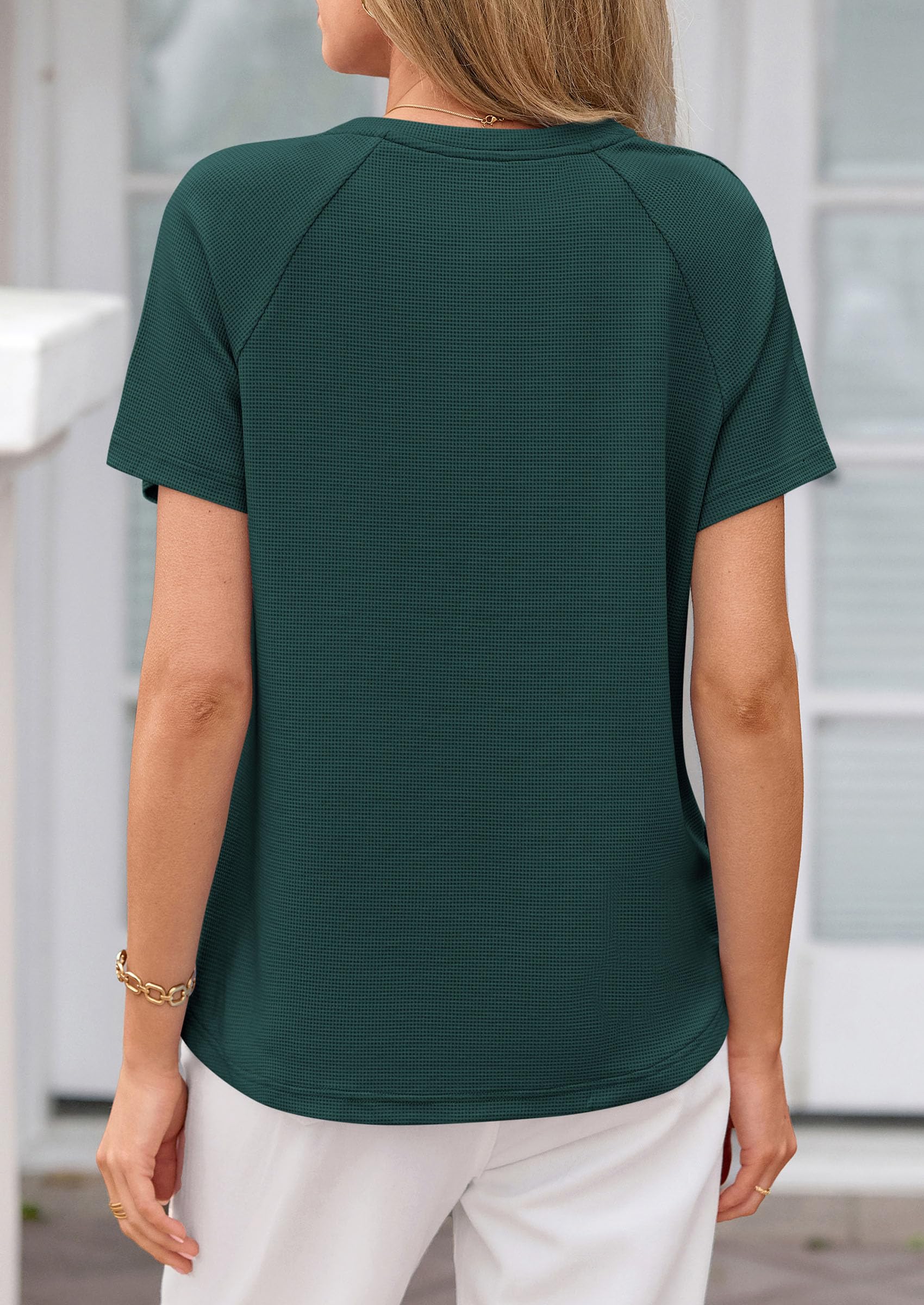 Women's Short Sleeve Waffle Knit Henley Shirts, Dark Green,S