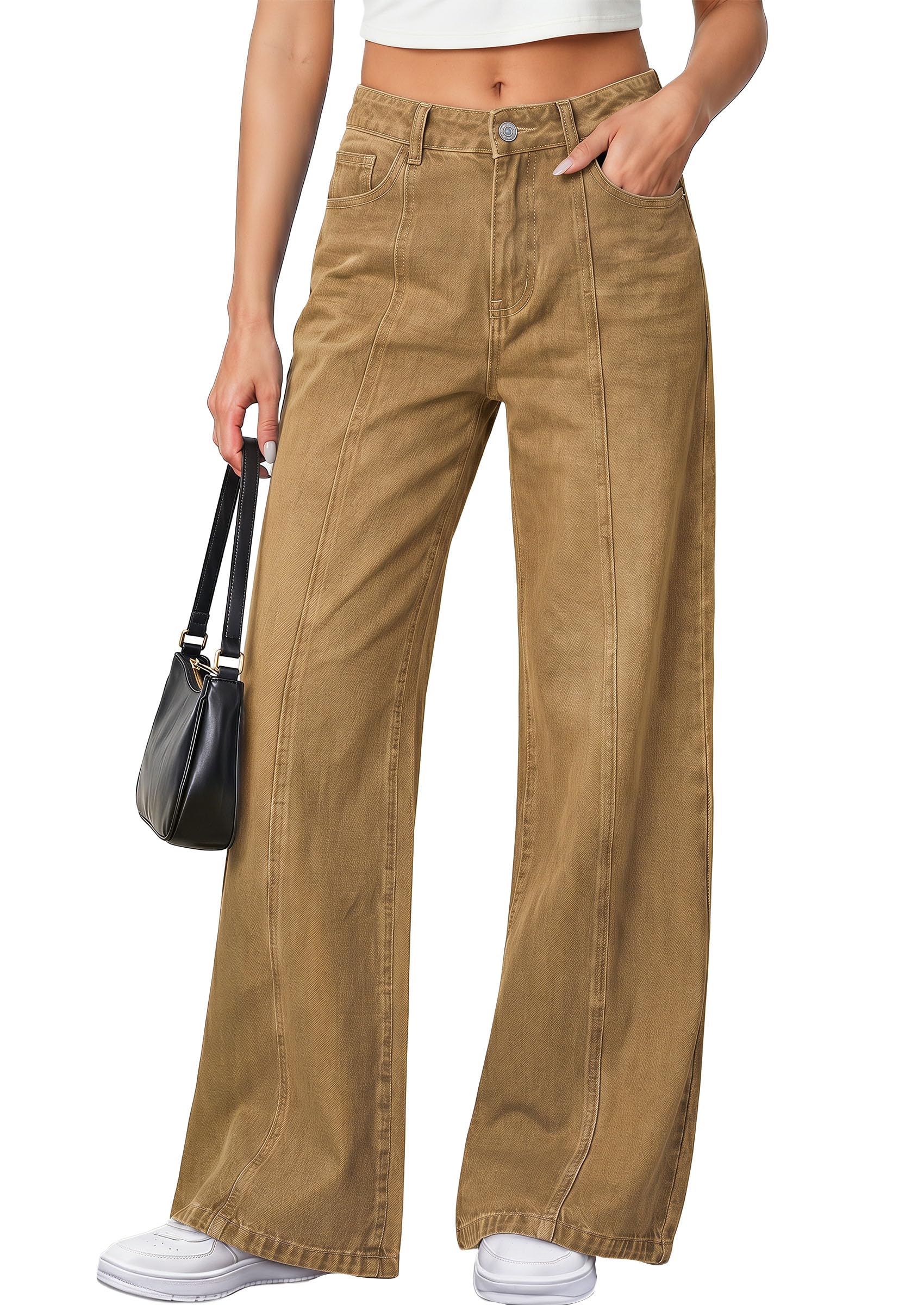 Women's Wide Leg Jeans Stretchy Baggy Denim Pants,Camel,4