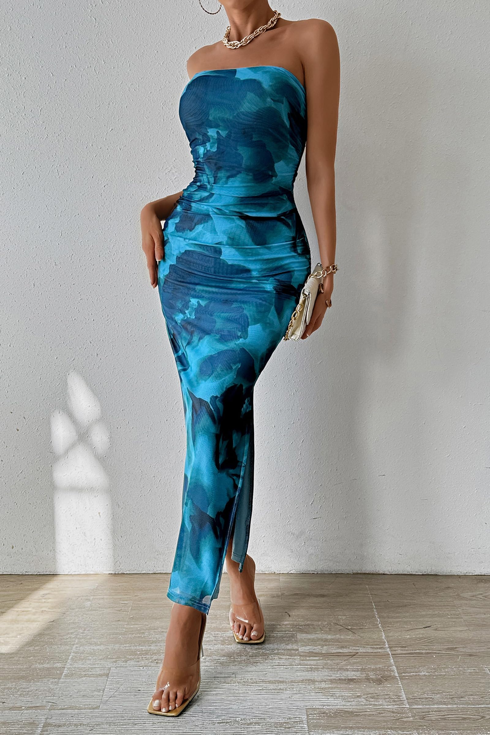 Womens Strapless Bodycon Floral Maxi Dress, Print Lake Blue,S
