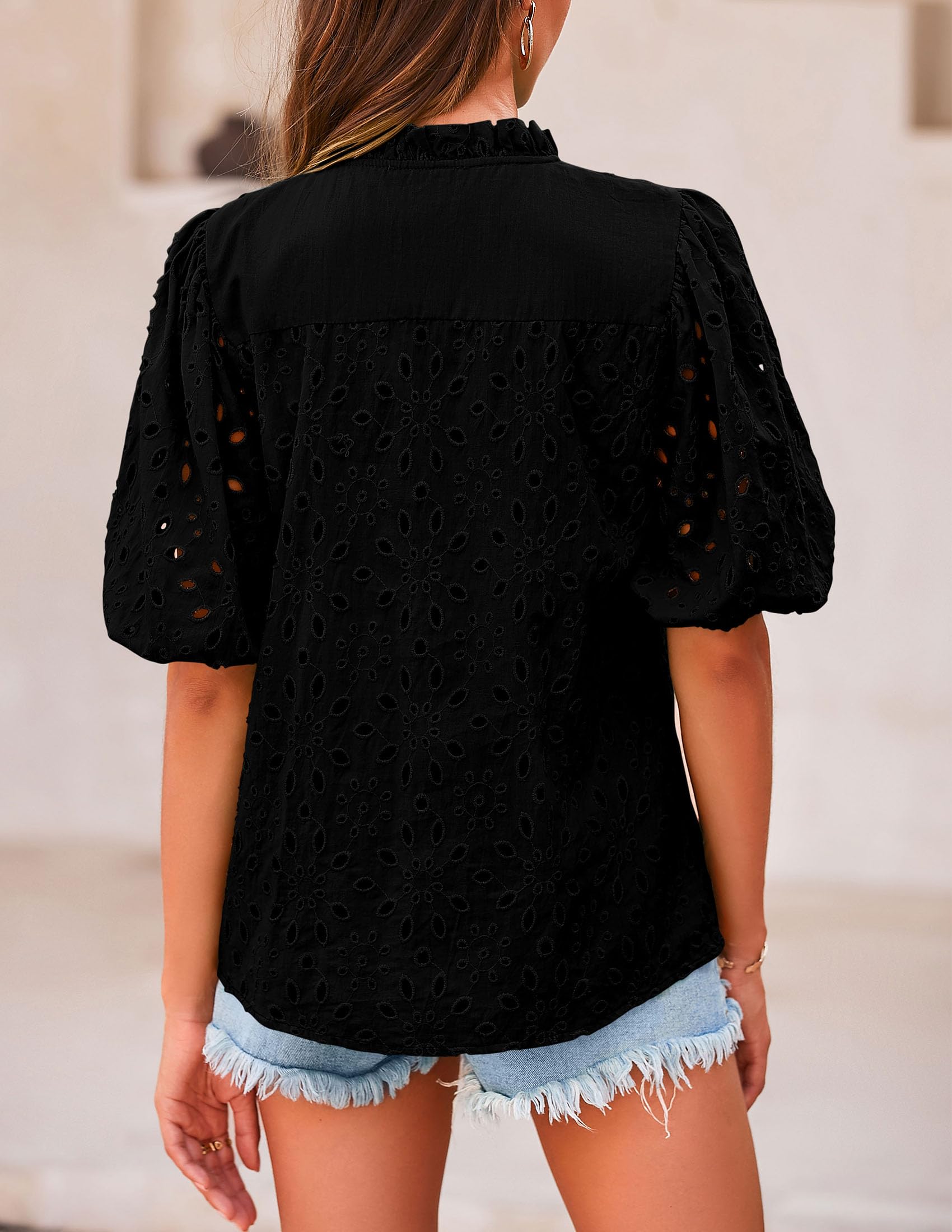 Womens Tops Boho Eyelet Puff Sleeve Blouse, Black,S