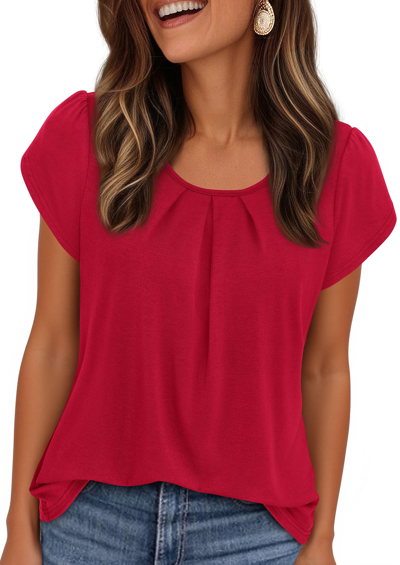 Women's Summer Short Sleeve Tops Casual Blouses,Red,S