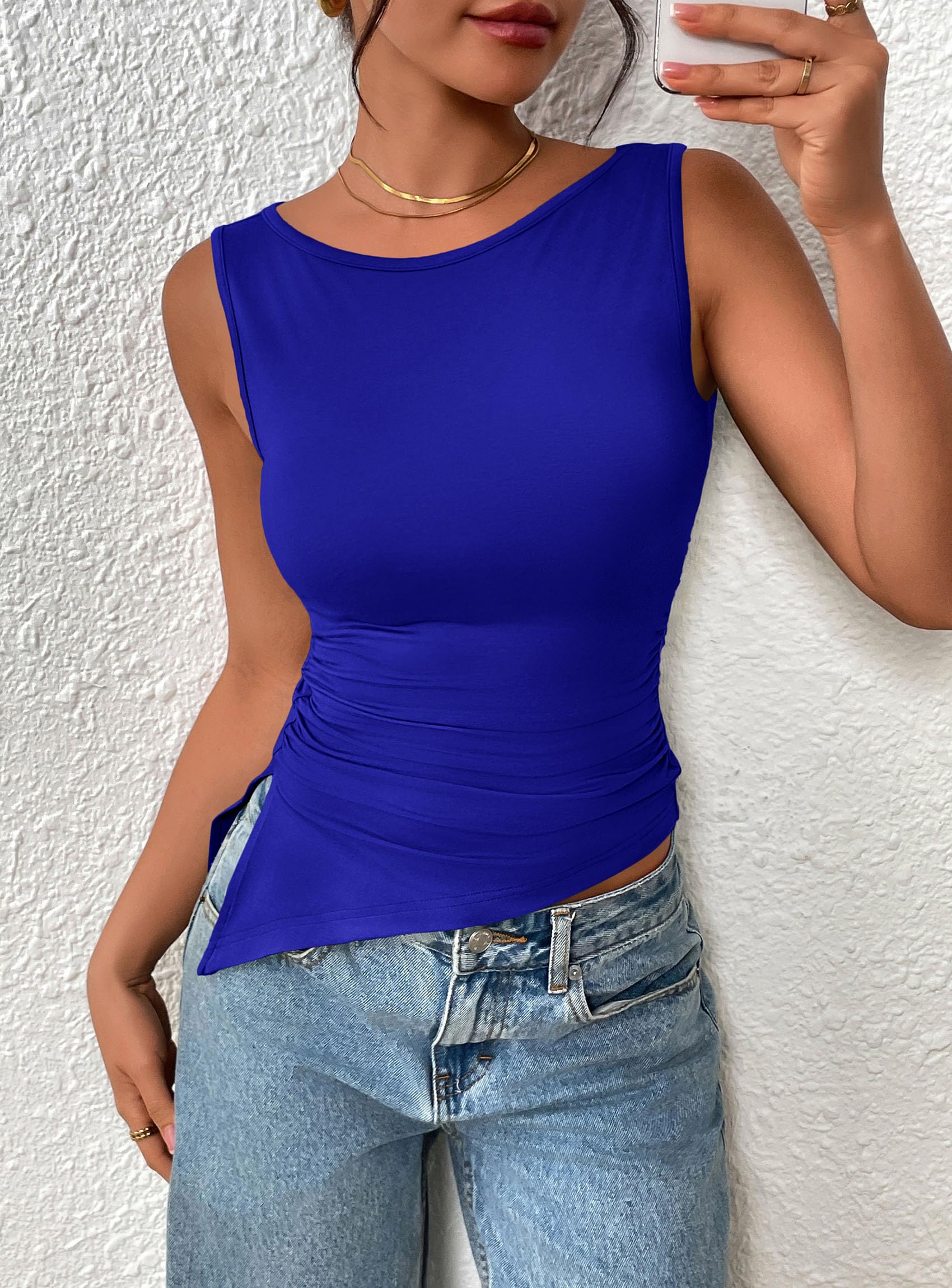 Women's Ruched Tank Tops Summer Y2K Shirts,Royal Blue,S