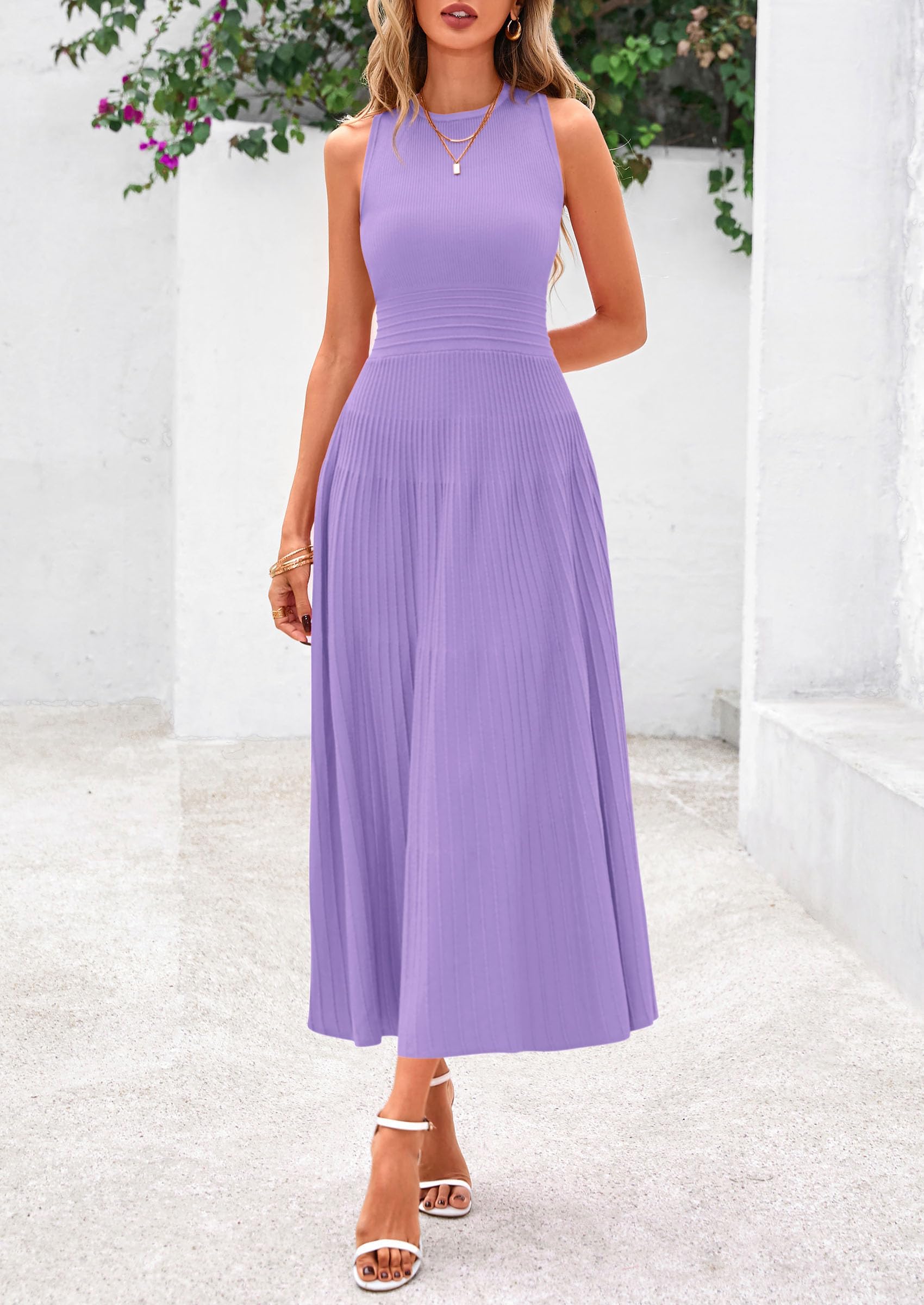 Women's Summer Pleated Midi Work Dress,Purple,S