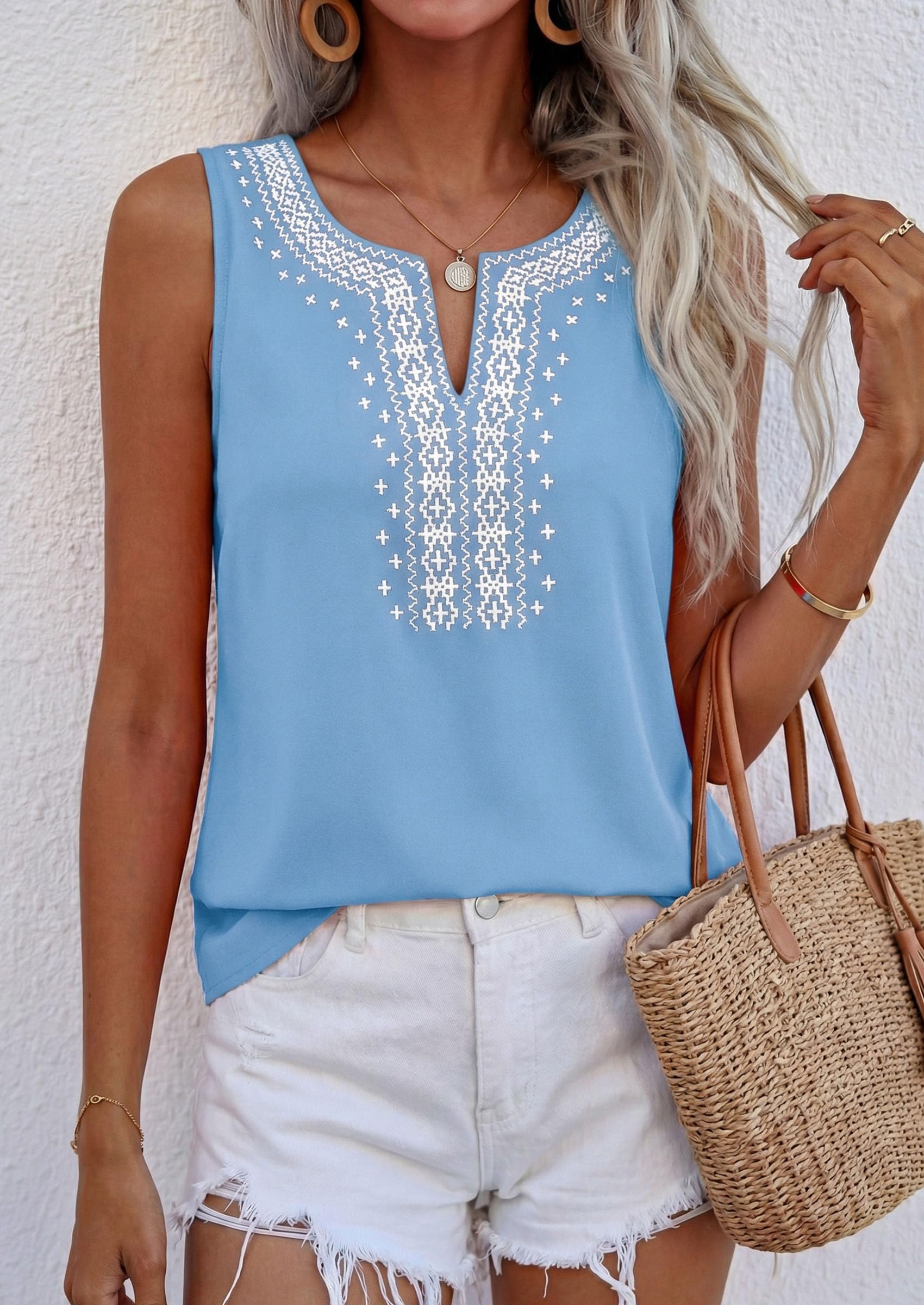 Womens Embroidered Sleeveless Tank Tops Light Blue,S