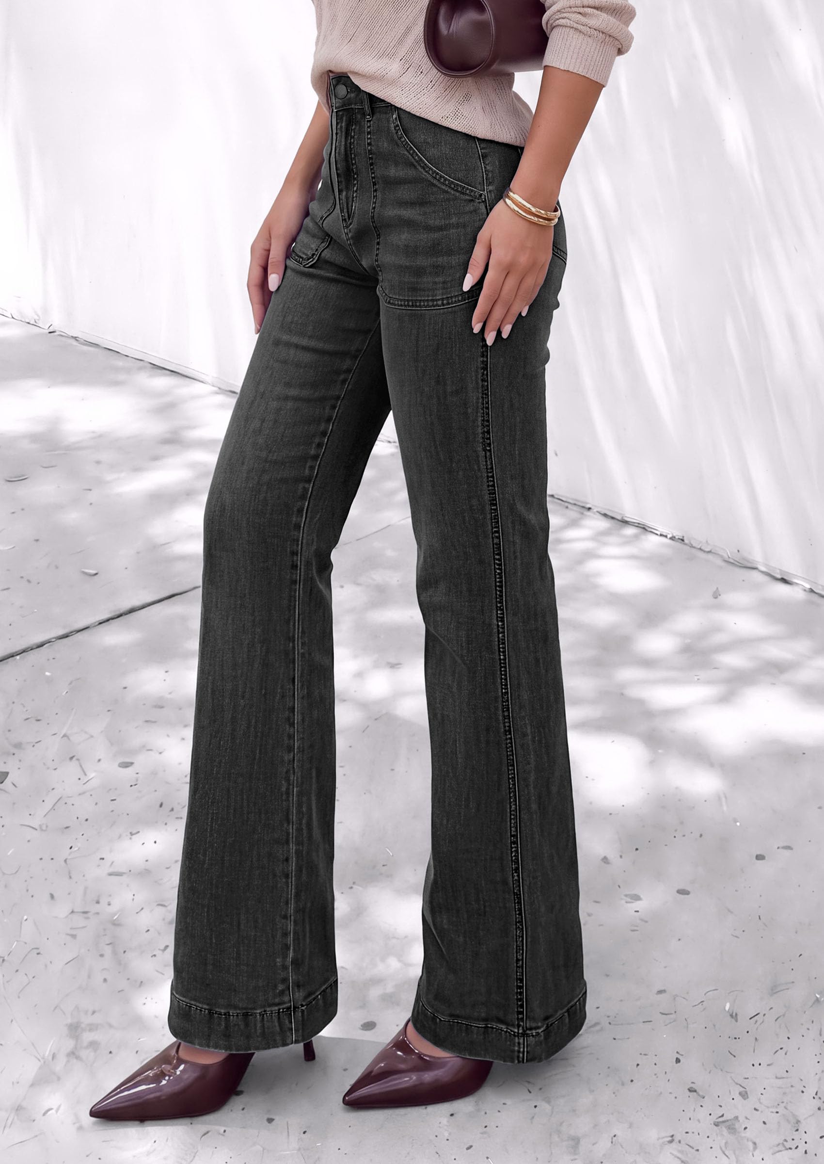 Womens High Waisted Wide Leg Jeans Demin Pants Black